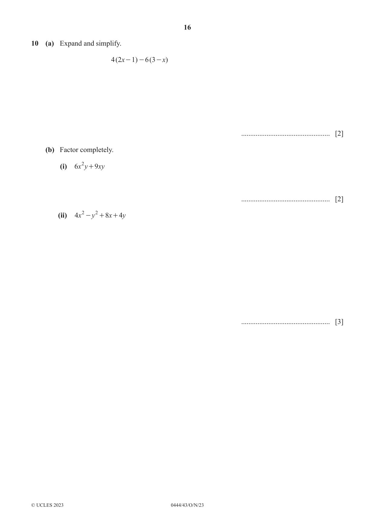 Cambridge IGCSE Mathematics (US) 0444 2023 Oct/Nov Paper 4 · Variant 3 question paper, page 16 of 20