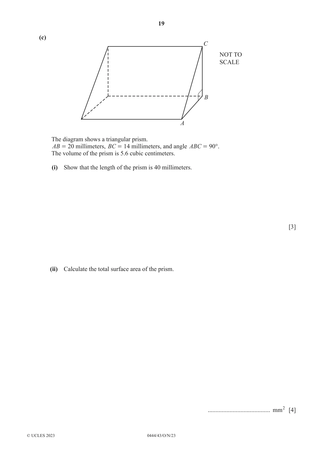 Cambridge IGCSE Mathematics (US) 0444 2023 Oct/Nov Paper 4 · Variant 3 question paper, page 19 of 20