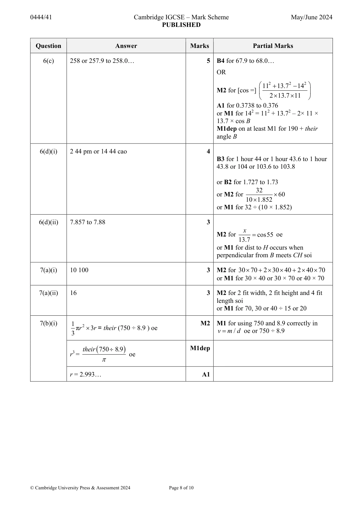 Mark scheme, page 8 of 10