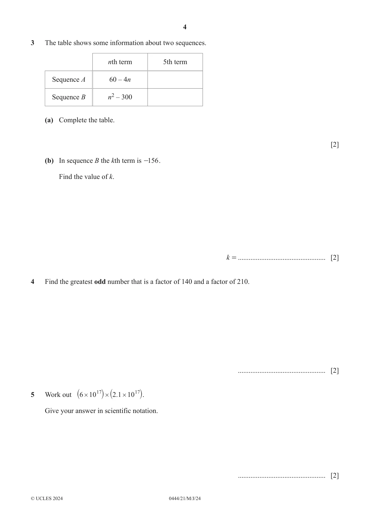 Cambridge IGCSE Mathematics (US) 0444 2024 May/June Paper 2 · Variant 1 question paper, page 4 of 16
