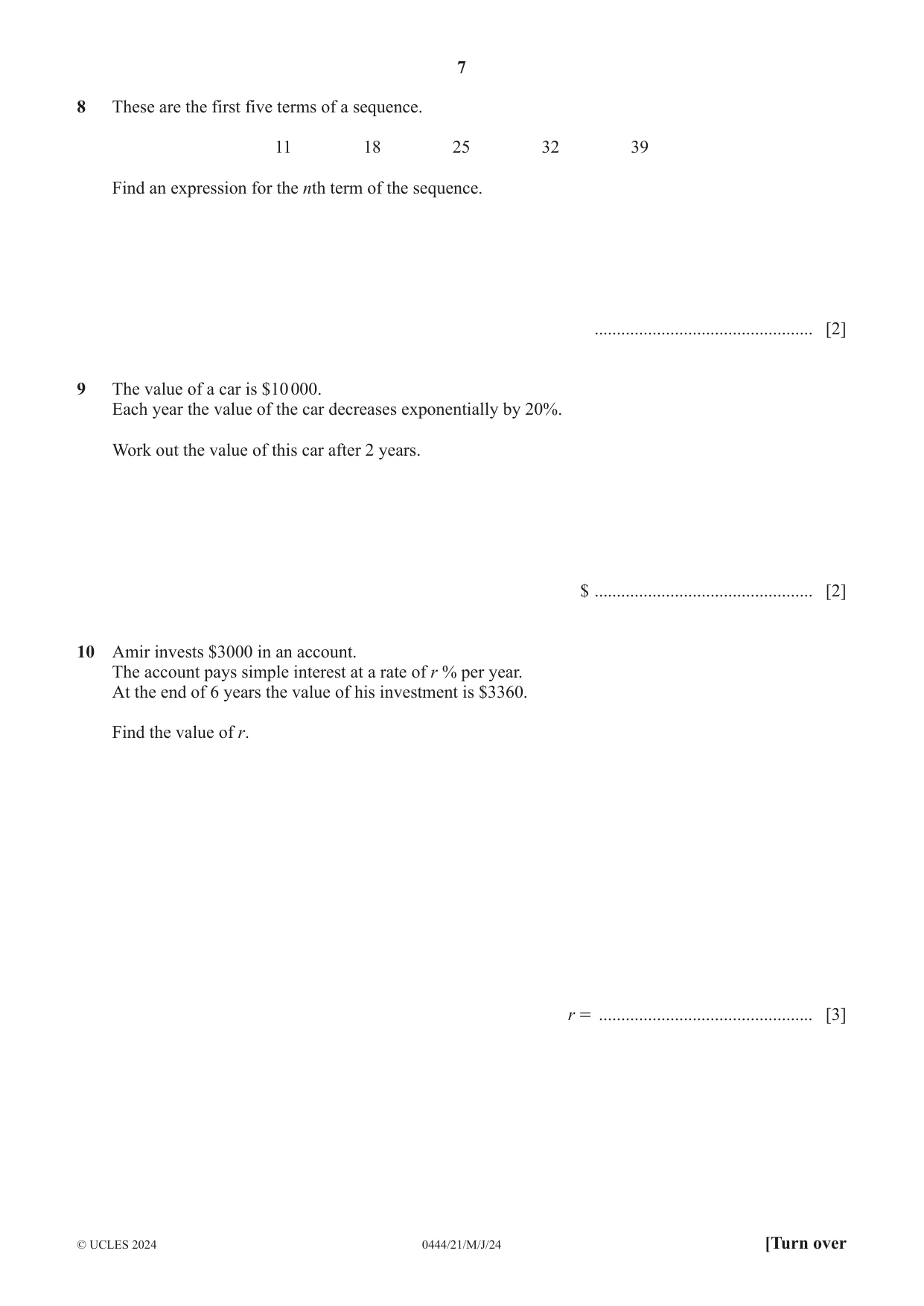 Cambridge IGCSE Mathematics (US) 0444 2024 May/June Paper 2 · Variant 1 question paper, page 7 of 16