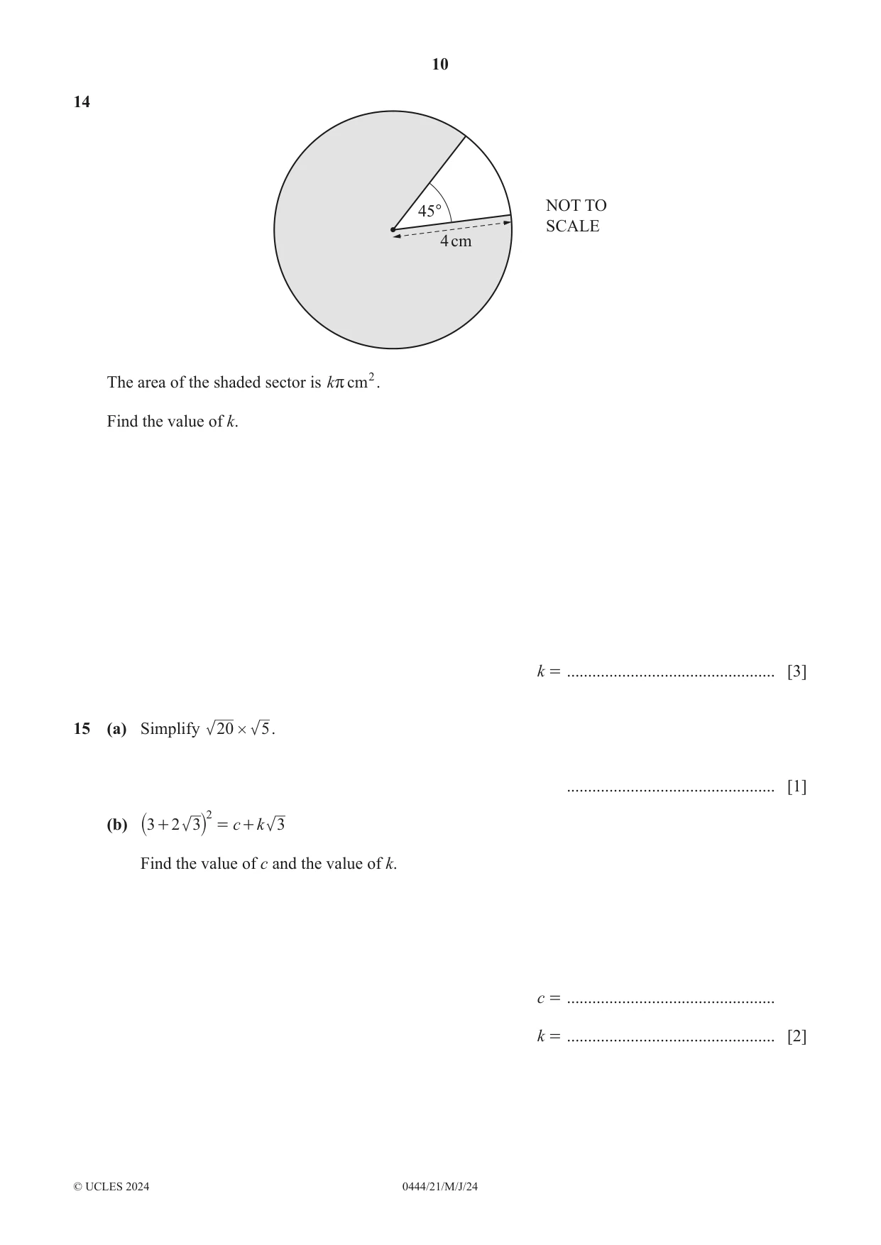 Cambridge IGCSE Mathematics (US) 0444 2024 May/June Paper 2 · Variant 1 question paper, page 10 of 16