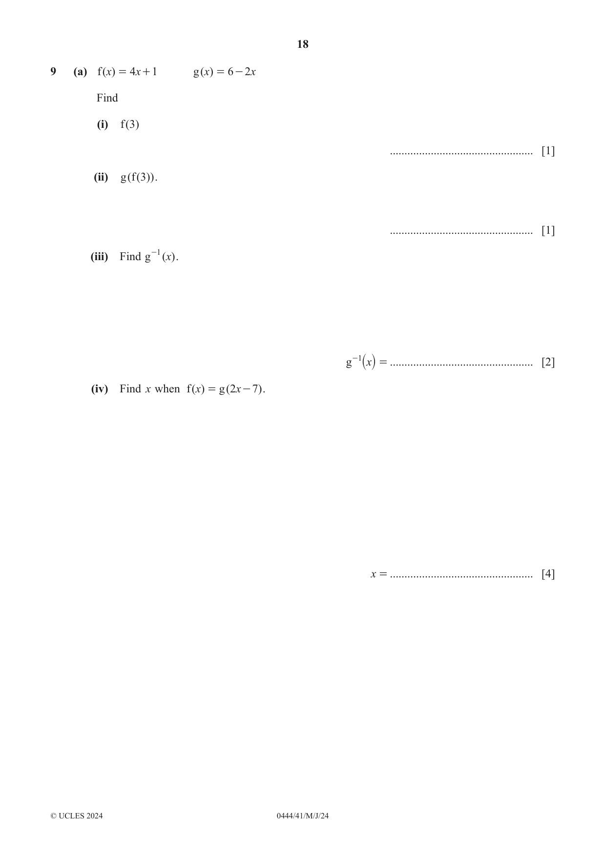 Cambridge IGCSE Mathematics (US) 0444 2024 May/June Paper 4 · Variant 1 question paper, page 18 of 20
