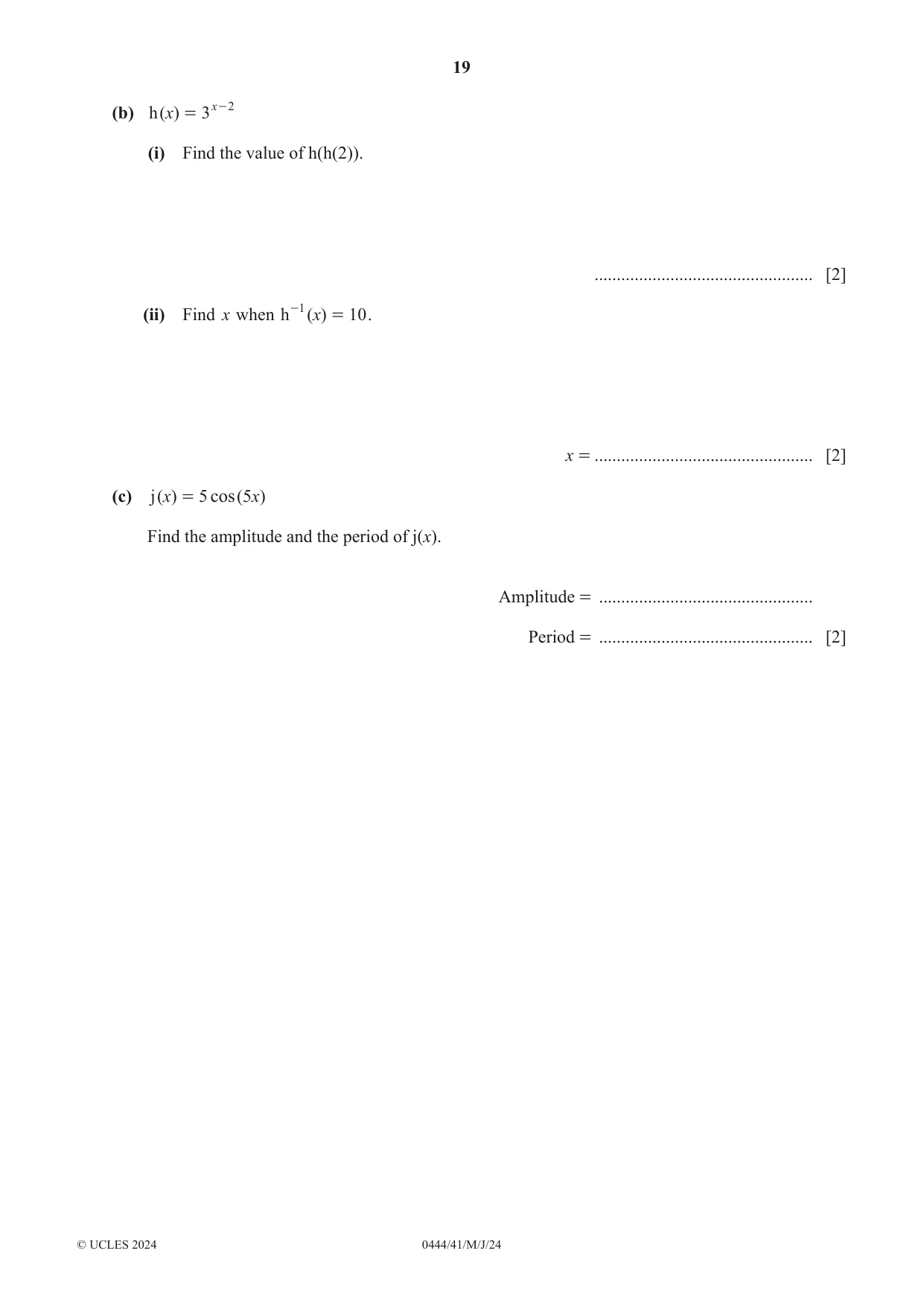 Cambridge IGCSE Mathematics (US) 0444 2024 May/June Paper 4 · Variant 1 question paper, page 19 of 20