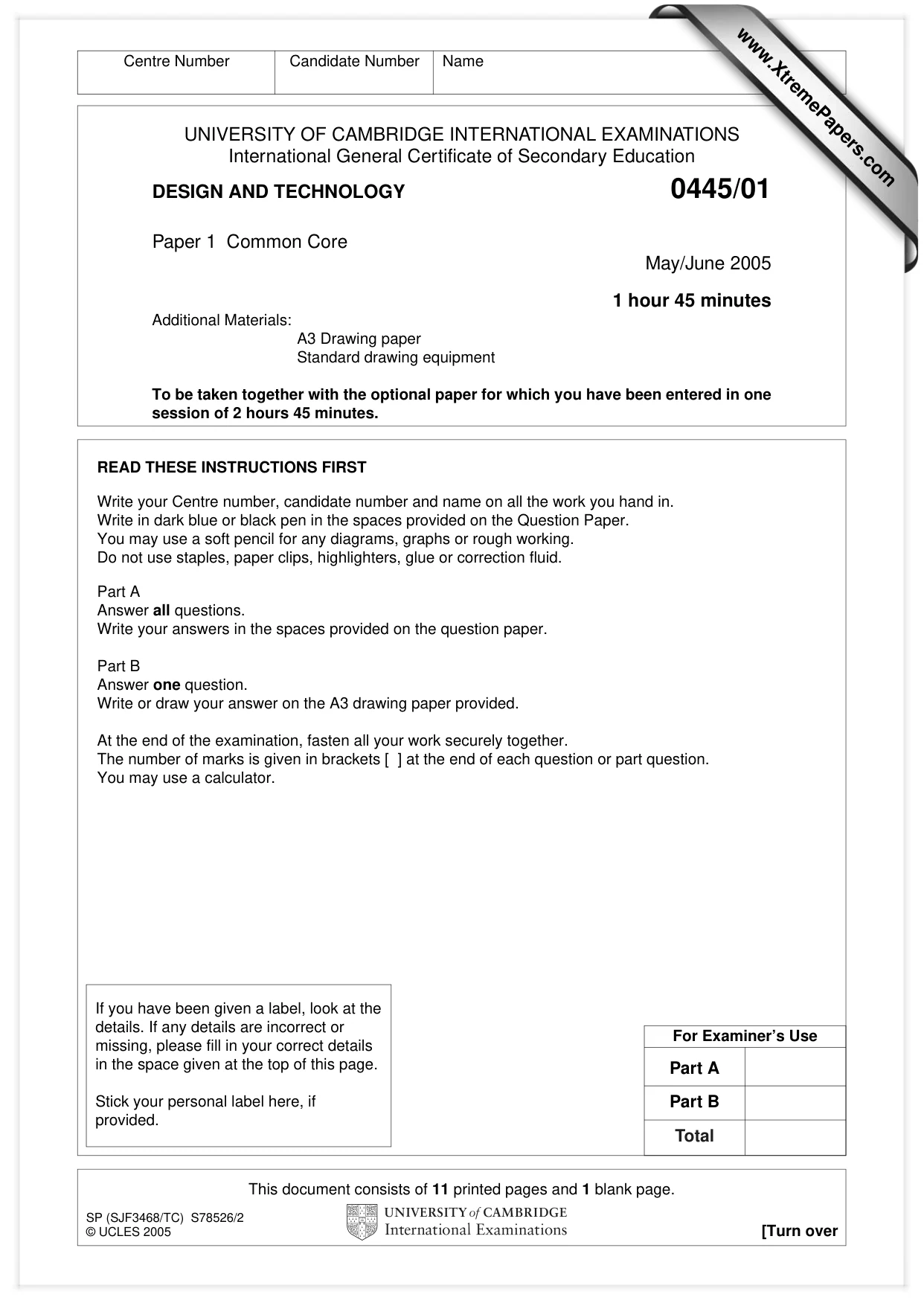 Cambridge IGCSE Design and Technology 0445 2005 May/June Paper 1 · Variant 1 question paper, page 1 of 12