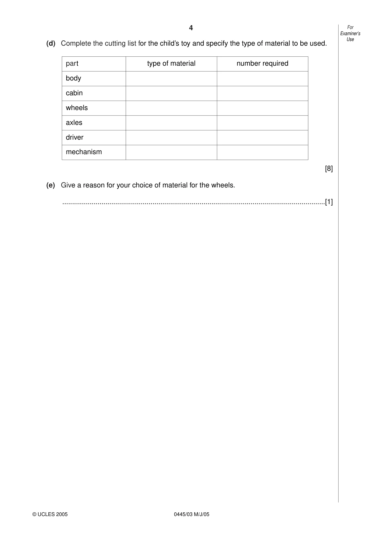 Cambridge IGCSE Design and Technology 0445 2005 May/June Paper 3 · Variant 1 question paper, page 4 of 16
