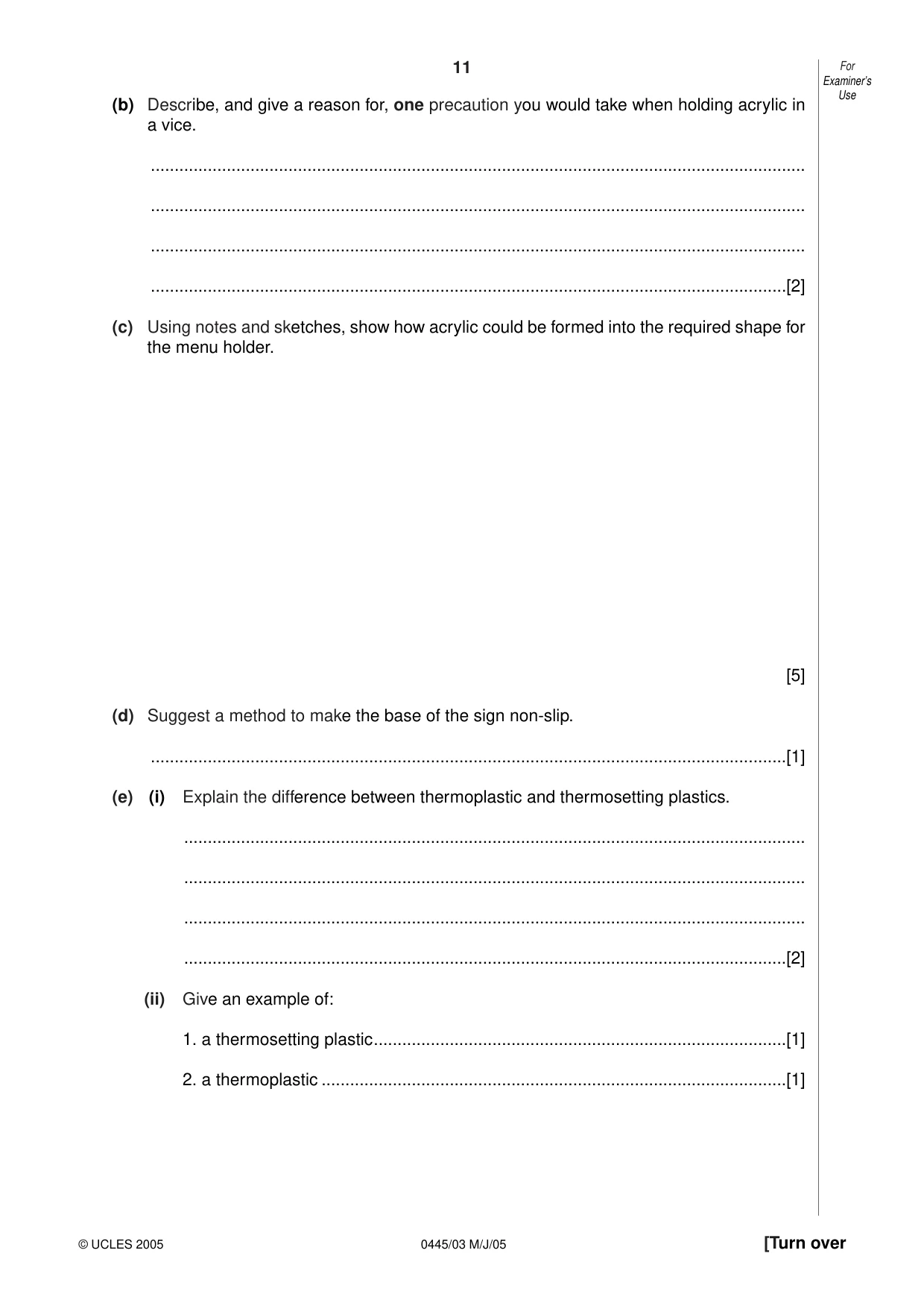 Cambridge IGCSE Design and Technology 0445 2005 May/June Paper 3 · Variant 1 question paper, page 11 of 16