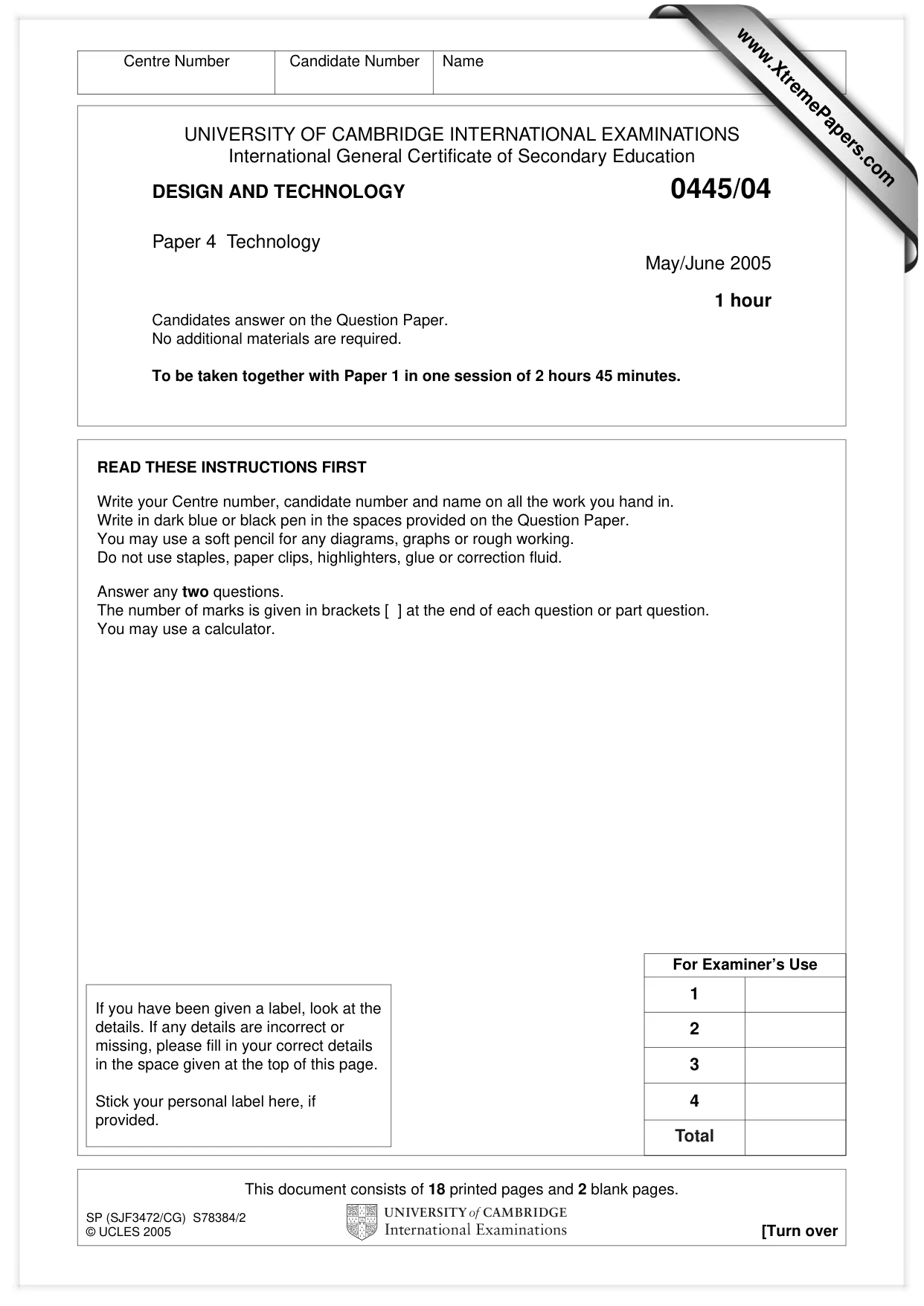 Cambridge IGCSE Design and Technology 0445 2005 May/June Paper 4 · Variant 1 question paper, page 1 of 20