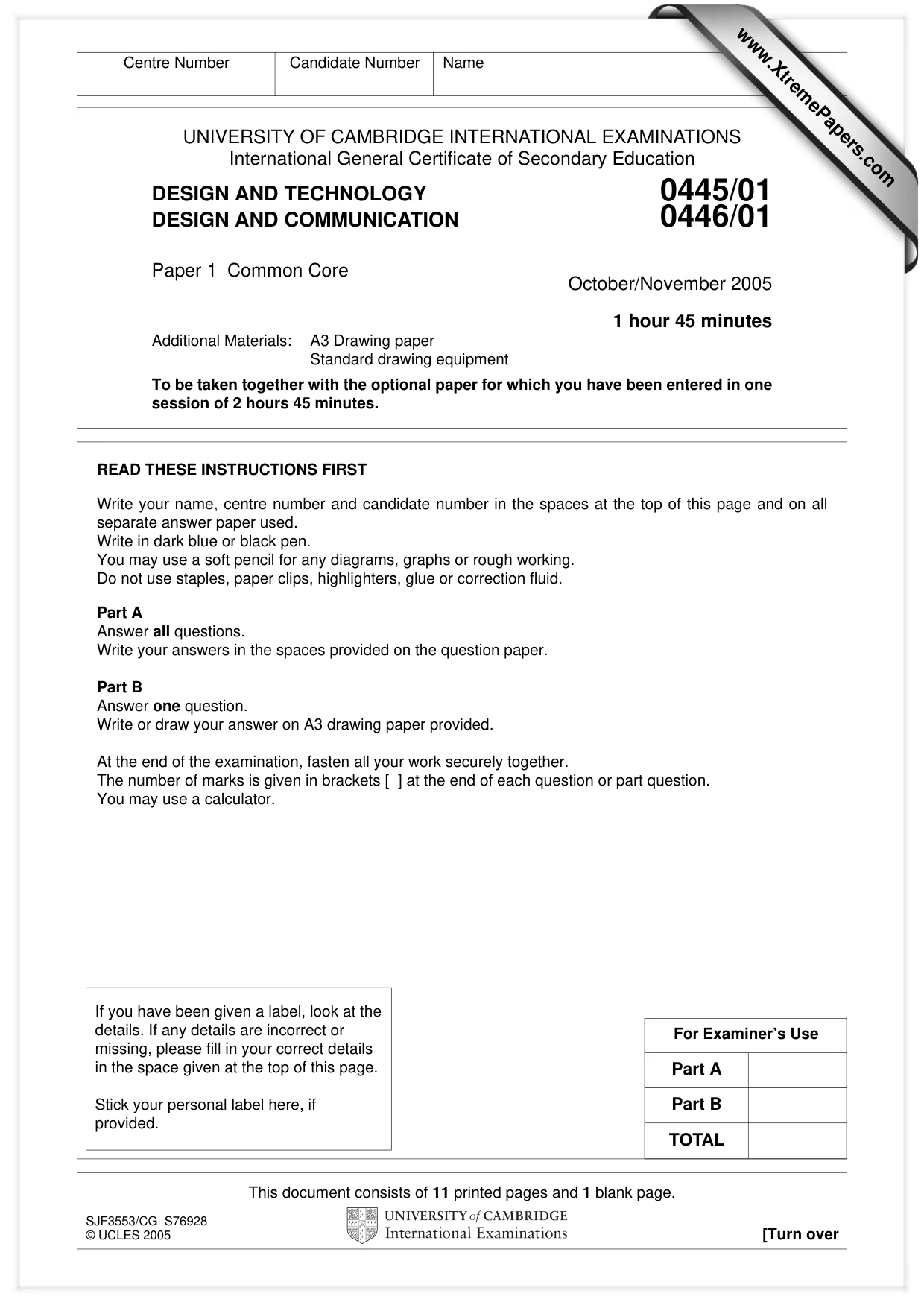 Cambridge IGCSE Design and Technology 0445 2005 Oct/Nov Paper 1 · Variant 1 question paper, page 1 of 12