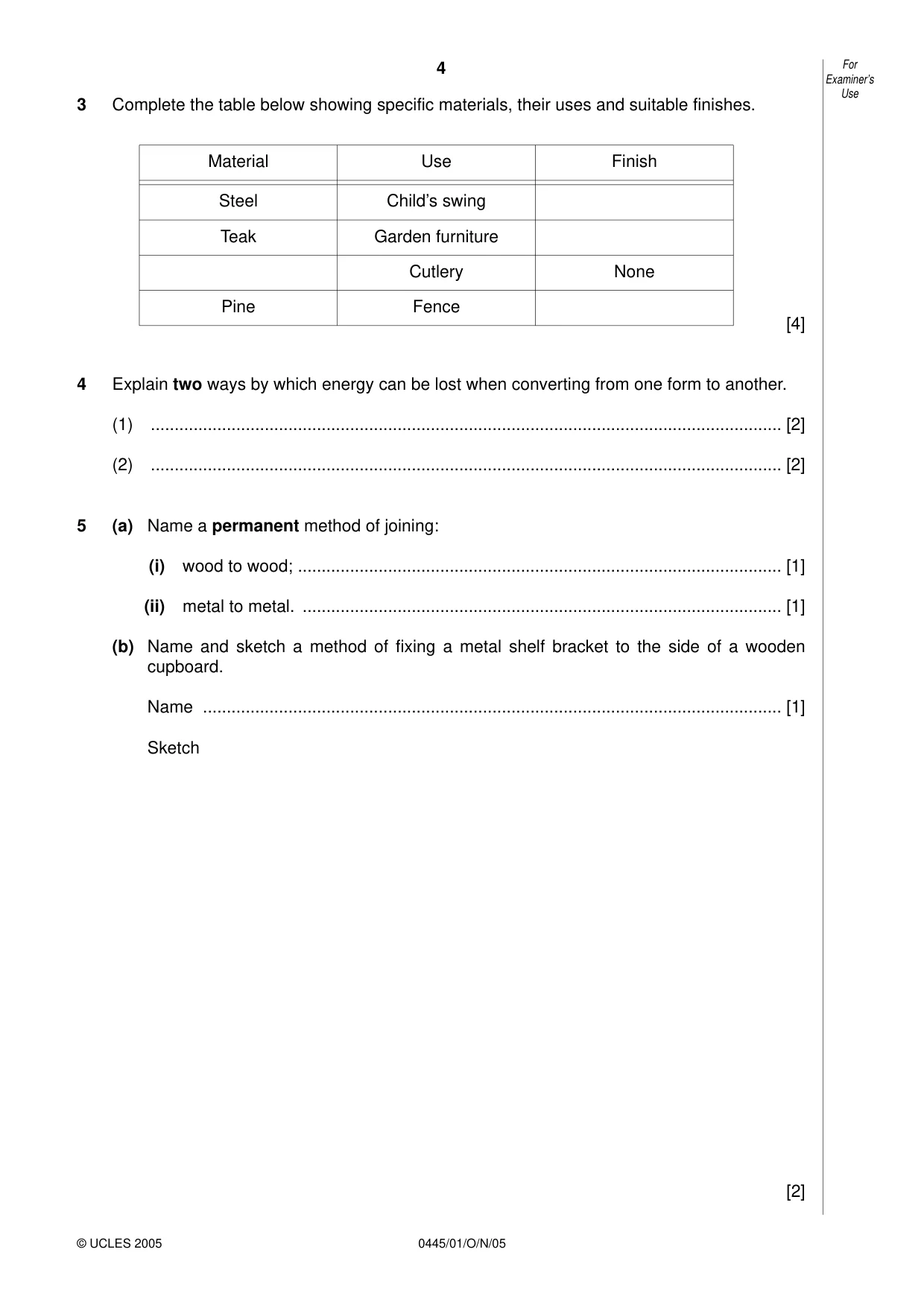 Cambridge IGCSE Design and Technology 0445 2005 Oct/Nov Paper 1 · Variant 1 question paper, page 4 of 12
