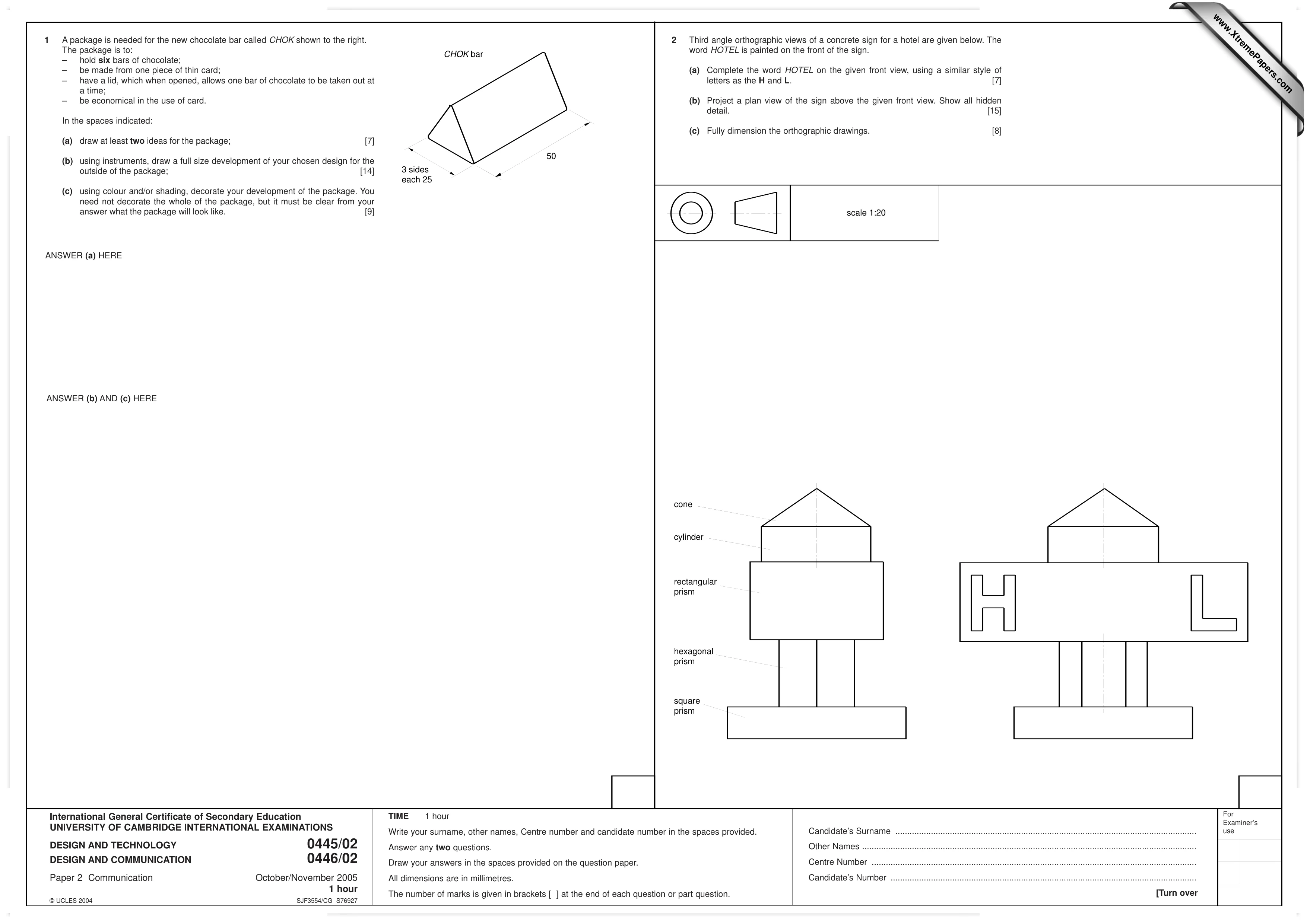 Cambridge IGCSE Design and Technology 0445 2005 Oct/Nov Paper 2 · Variant 1 question paper, page 1 of 2