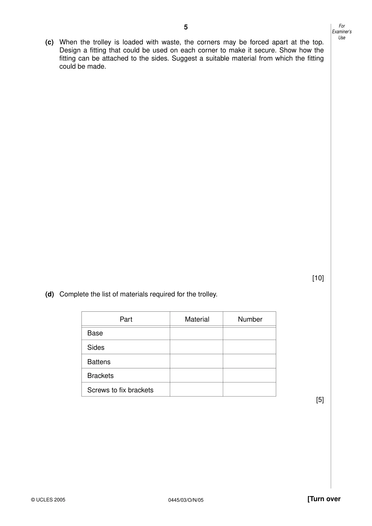 Cambridge IGCSE Design and Technology 0445 2005 Oct/Nov Paper 3 · Variant 1 question paper, page 5 of 16