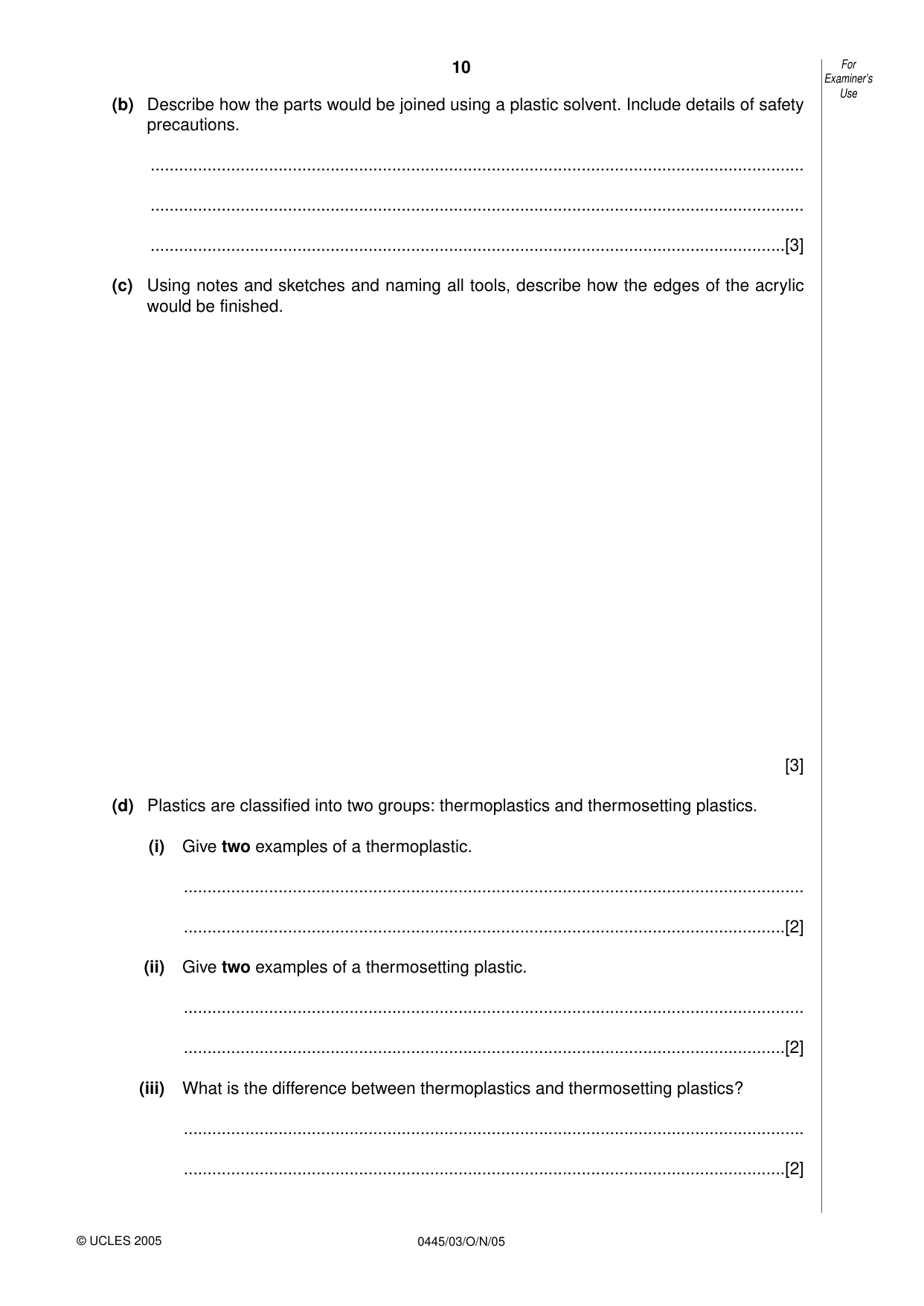 Cambridge IGCSE Design and Technology 0445 2005 Oct/Nov Paper 3 · Variant 1 question paper, page 10 of 16