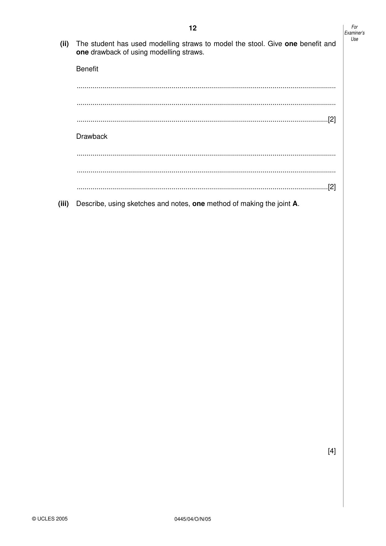 Cambridge IGCSE Design and Technology 0445 2005 Oct/Nov Paper 4 · Variant 1 question paper, page 12 of 20