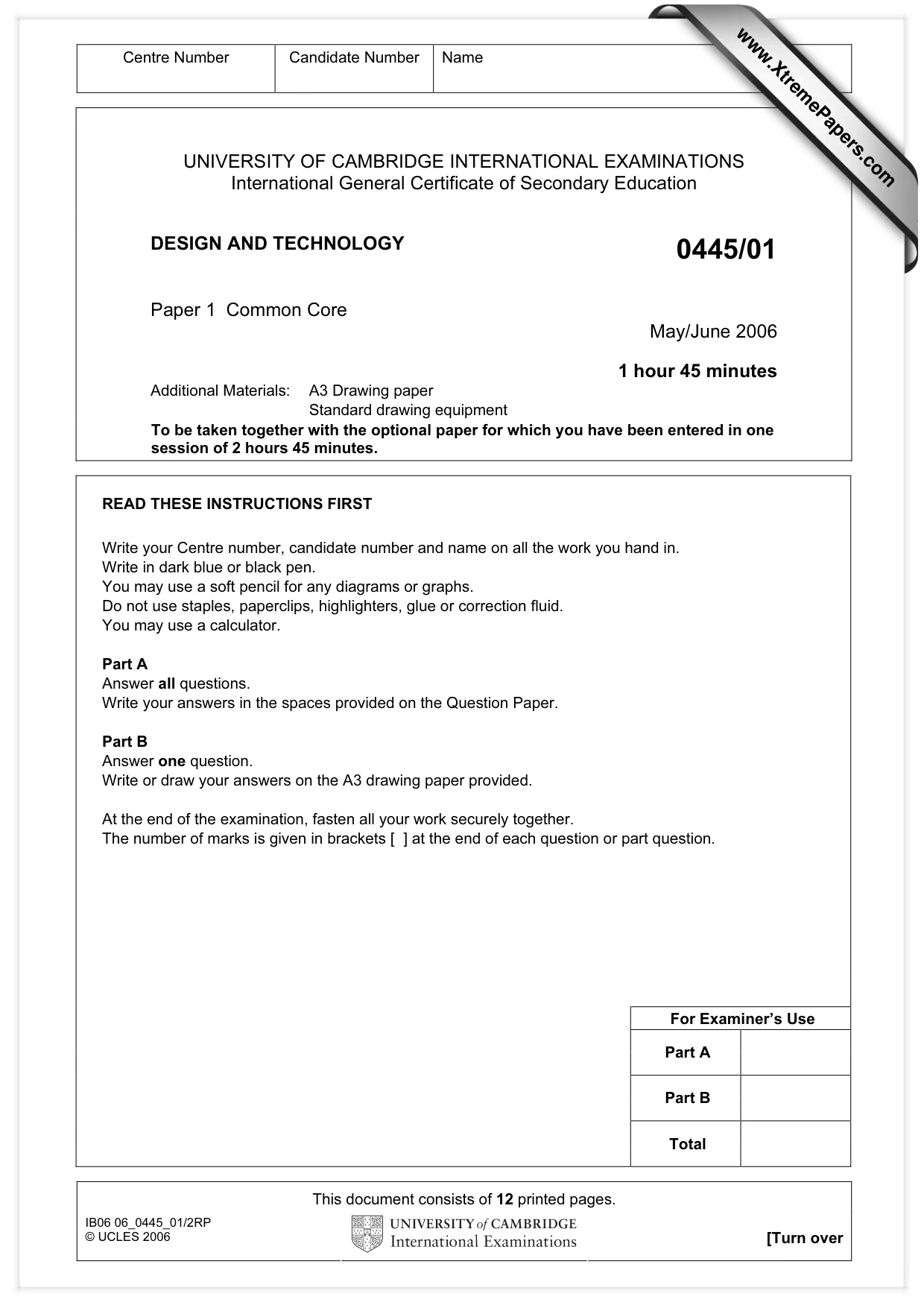 Cambridge IGCSE Design and Technology 0445 2006 May/June Paper 1 · Variant 1 question paper, page 1 of 12