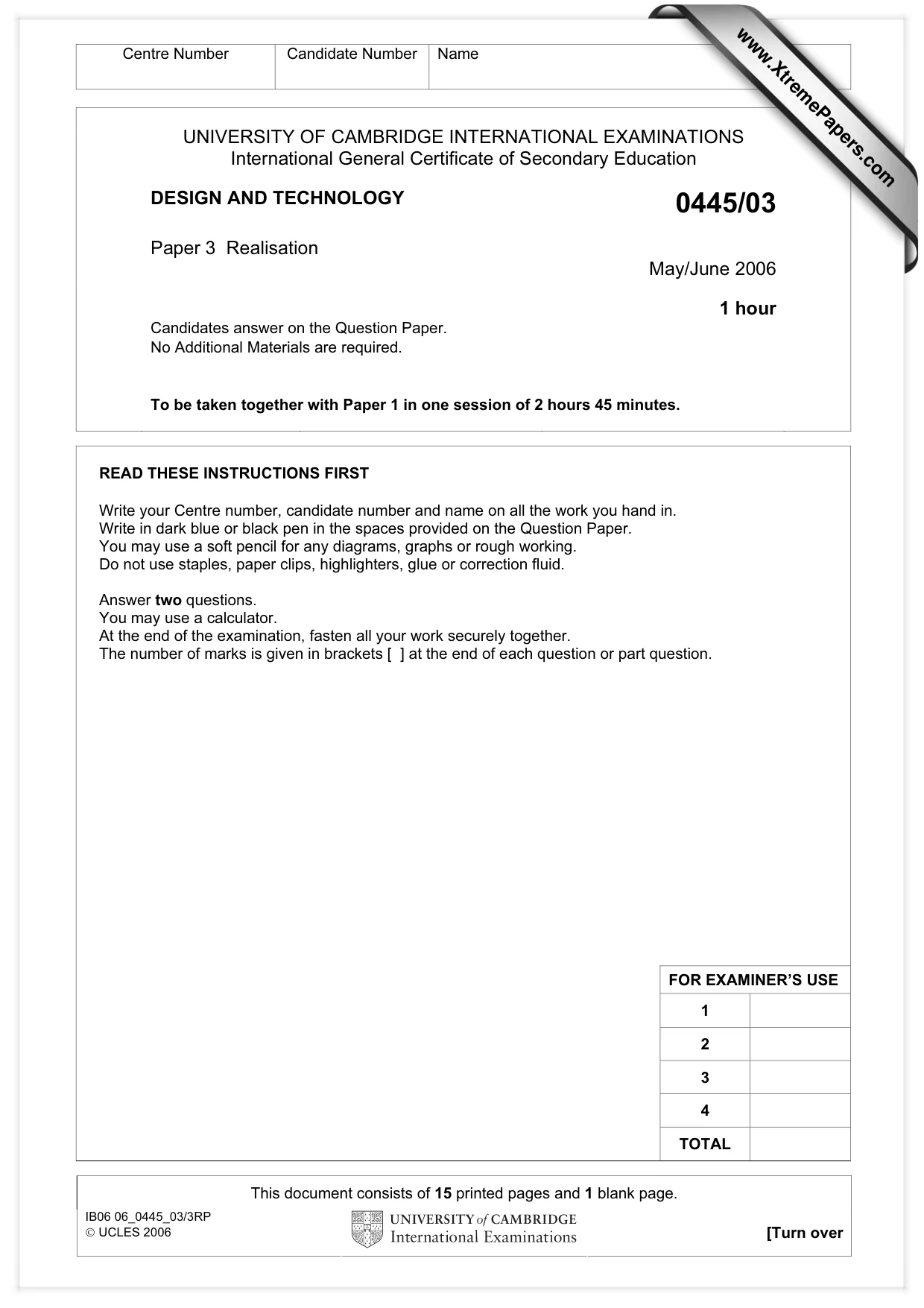 Cambridge IGCSE Design and Technology 0445 2006 May/June Paper 3 · Variant 1 question paper, page 1 of 16