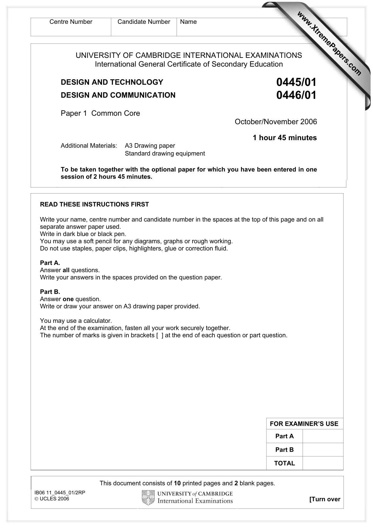 Cambridge IGCSE Design and Technology 0445 2006 Oct/Nov Paper 1 · Variant 1 question paper, page 1 of 12