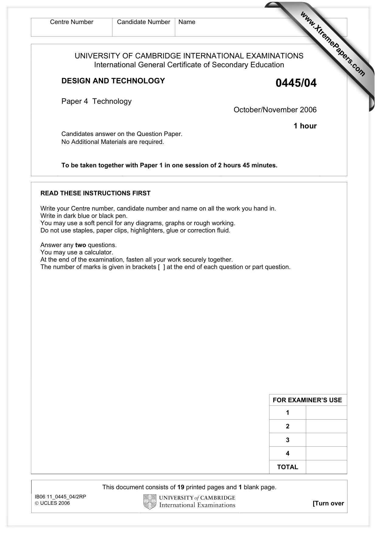Cambridge IGCSE Design and Technology 0445 2006 Oct/Nov Paper 4 · Variant 1 question paper, page 1 of 20
