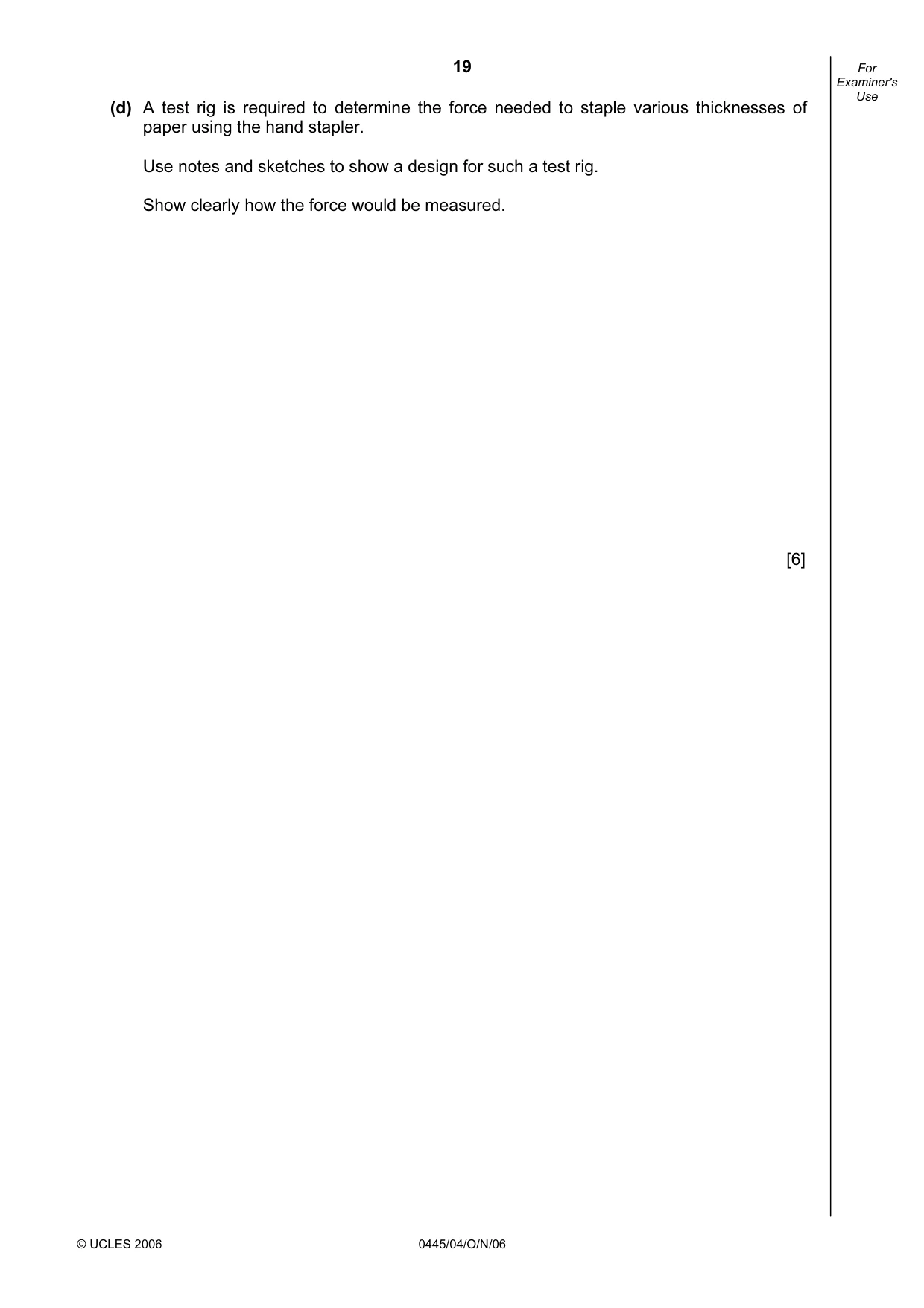 Cambridge IGCSE Design and Technology 0445 2006 Oct/Nov Paper 4 · Variant 1 question paper, page 19 of 20