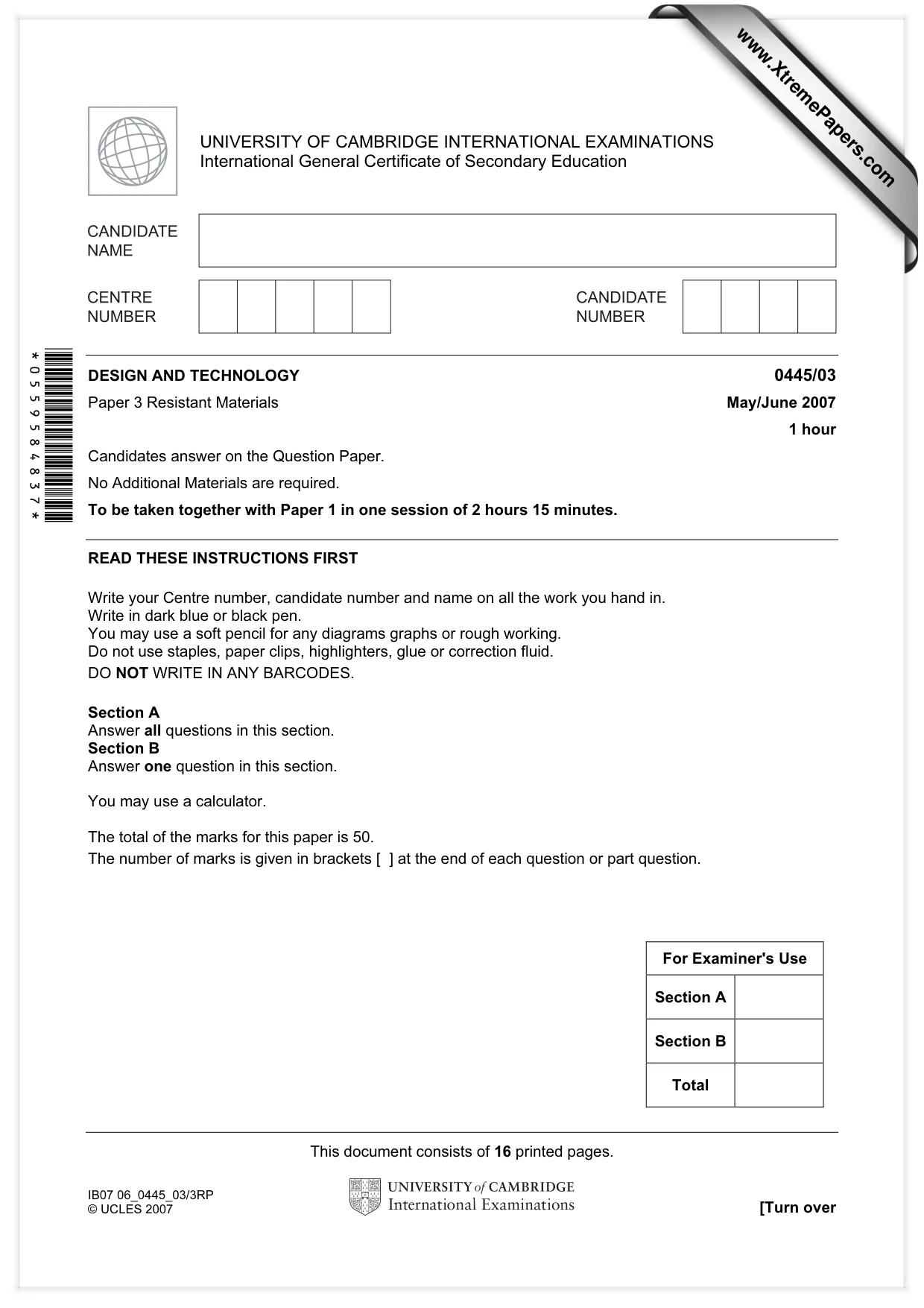 Cambridge IGCSE Design and Technology 0445 2007 May/June Paper 3 · Variant 1 question paper, page 1 of 16