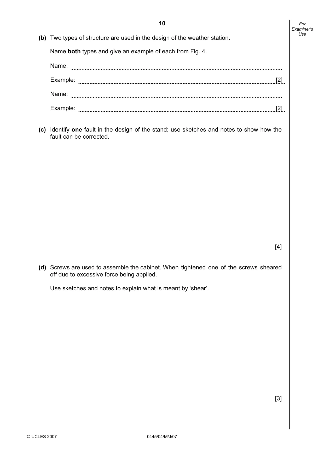 Cambridge IGCSE Design and Technology 0445 2007 May/June Paper 4 · Variant 1 question paper, page 10 of 20