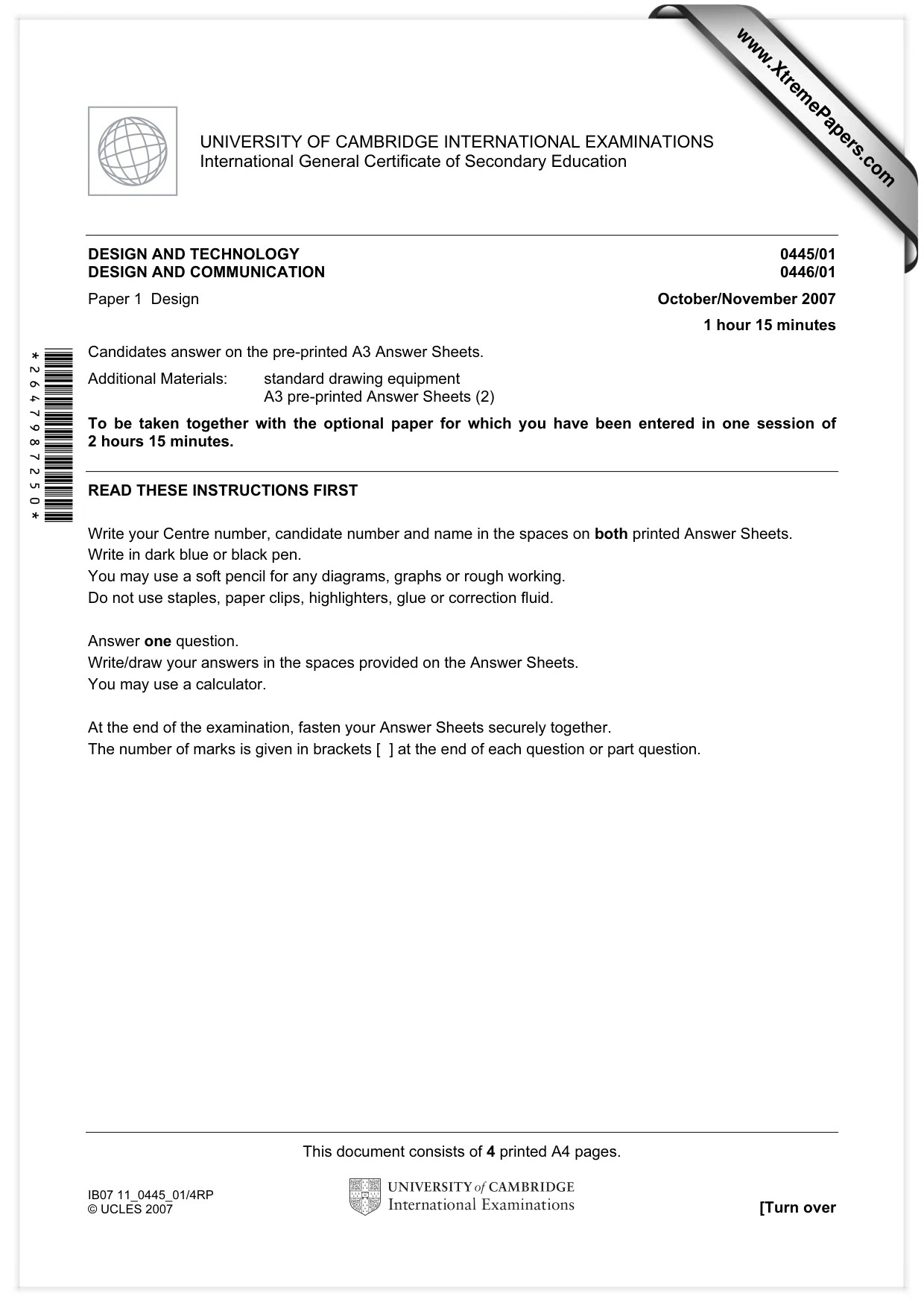 Cambridge IGCSE Design and Technology 0445 2007 Oct/Nov Paper 1 · Variant 1 question paper, page 1 of 4
