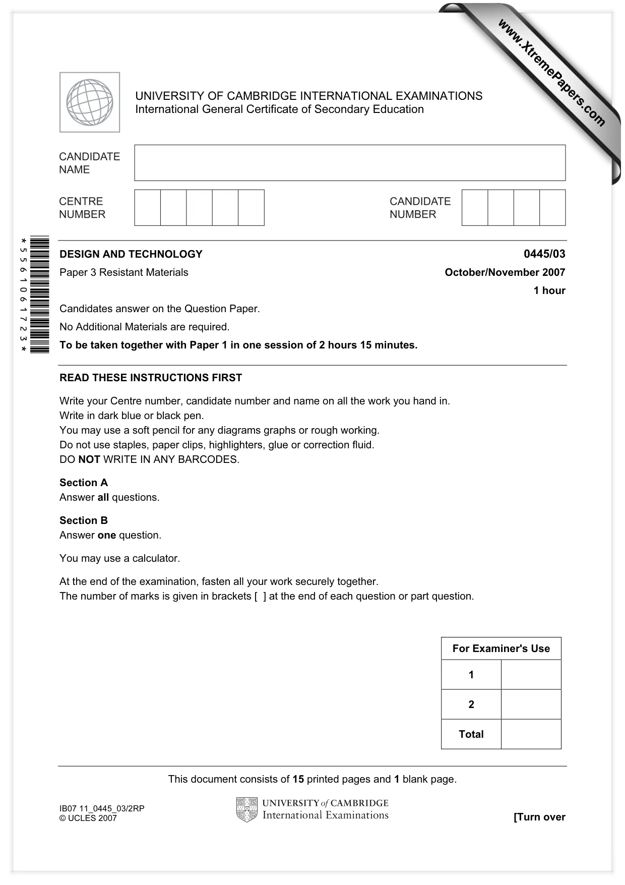 Cambridge IGCSE Design and Technology 0445 2007 Oct/Nov Paper 3 · Variant 1 question paper, page 1 of 16