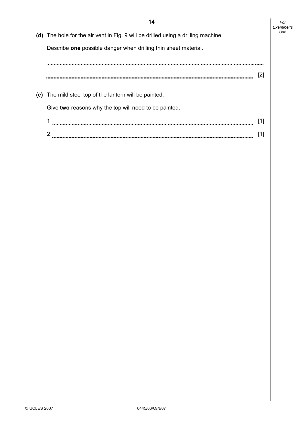 Cambridge IGCSE Design and Technology 0445 2007 Oct/Nov Paper 3 · Variant 1 question paper, page 14 of 16