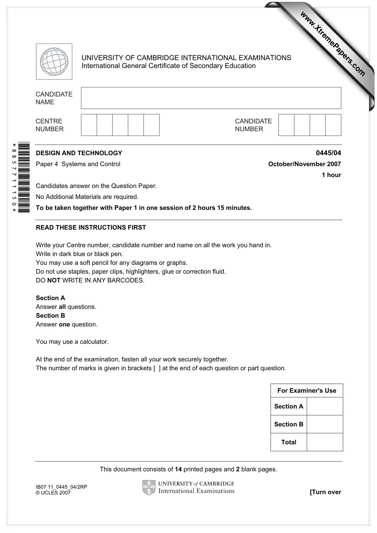 Cambridge IGCSE Design and Technology 0445 2007 Oct/Nov Paper 4 · Variant 1 question paper, page 1 of 16