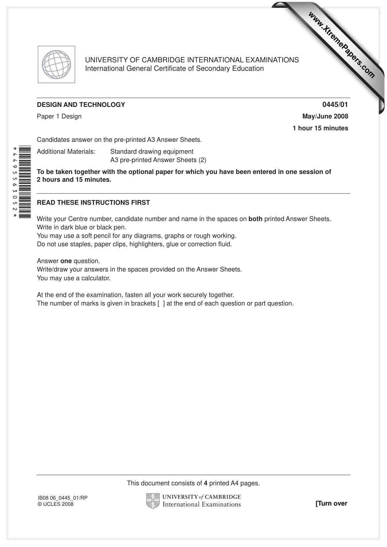 Cambridge IGCSE Design and Technology 0445 2008 May/June Paper 1 · Variant 1 question paper, page 1 of 4