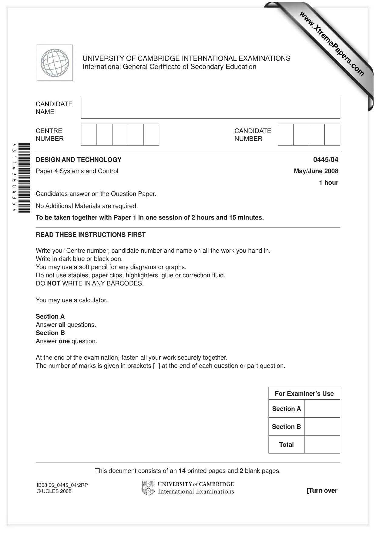 Cambridge IGCSE Design and Technology 0445 2008 May/June Paper 4 · Variant 1 question paper, page 1 of 16