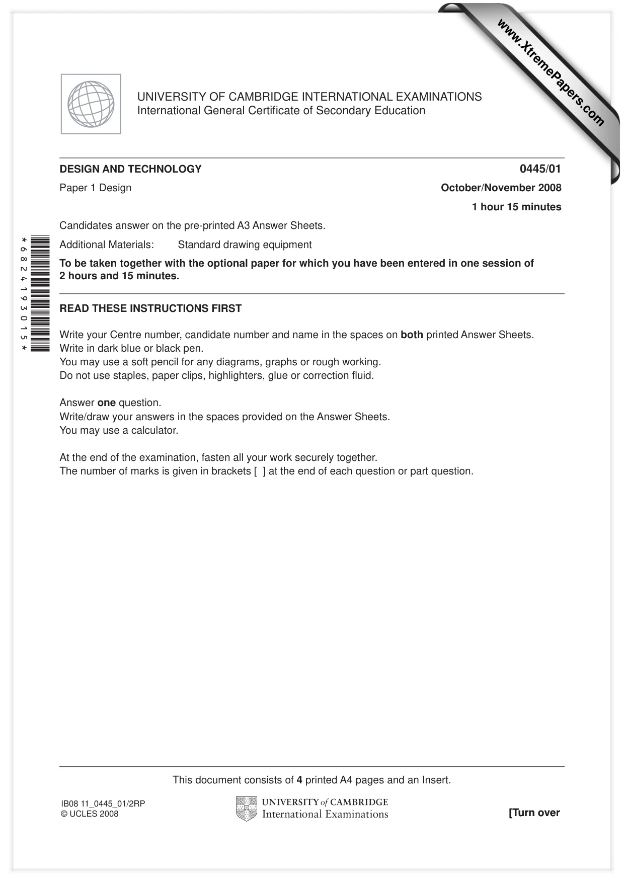 Cambridge IGCSE Design and Technology 0445 2008 Oct/Nov Paper 1 · Variant 1 question paper, page 1 of 4