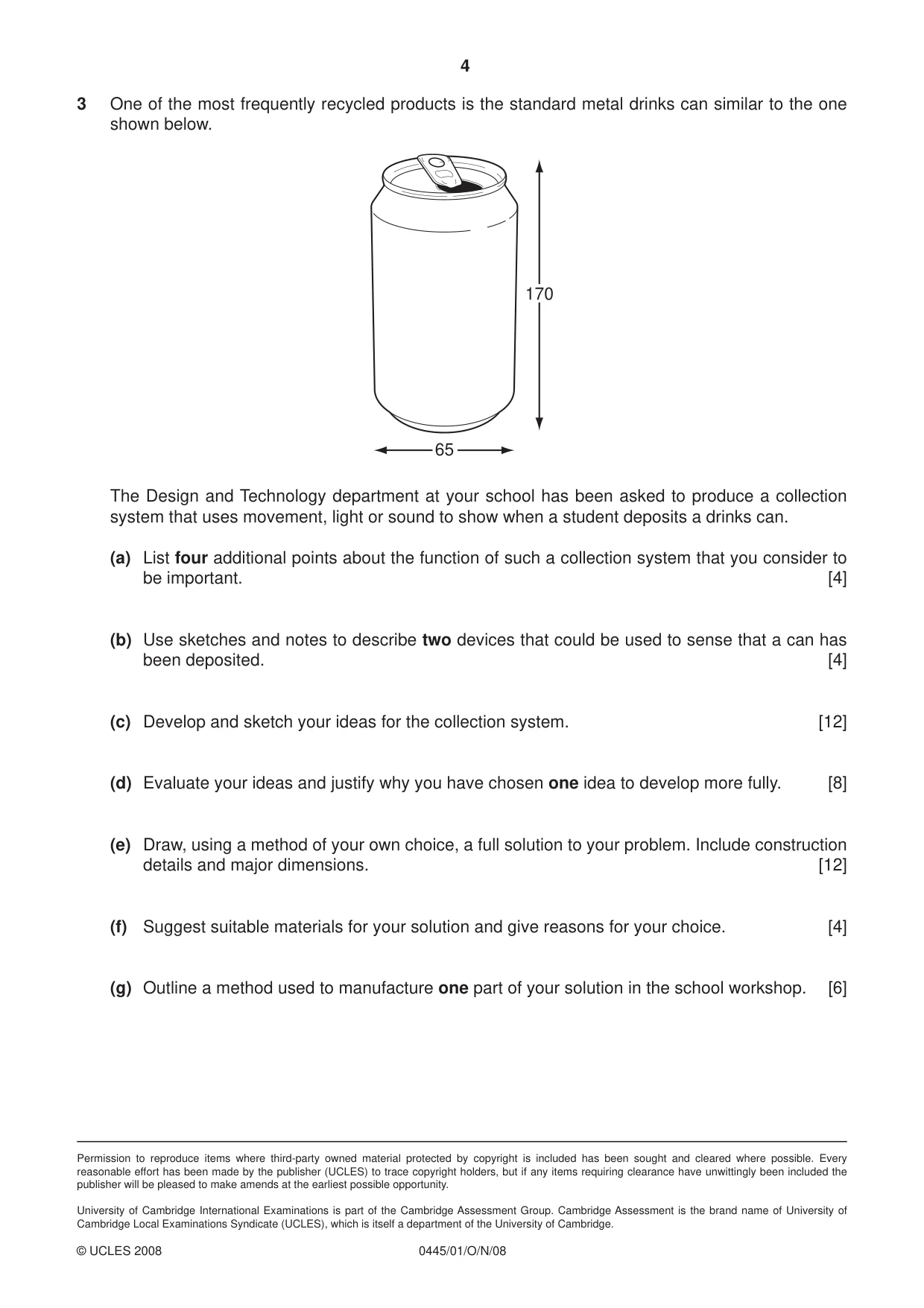 Cambridge IGCSE Design and Technology 0445 2008 Oct/Nov Paper 1 · Variant 1 question paper, page 4 of 4