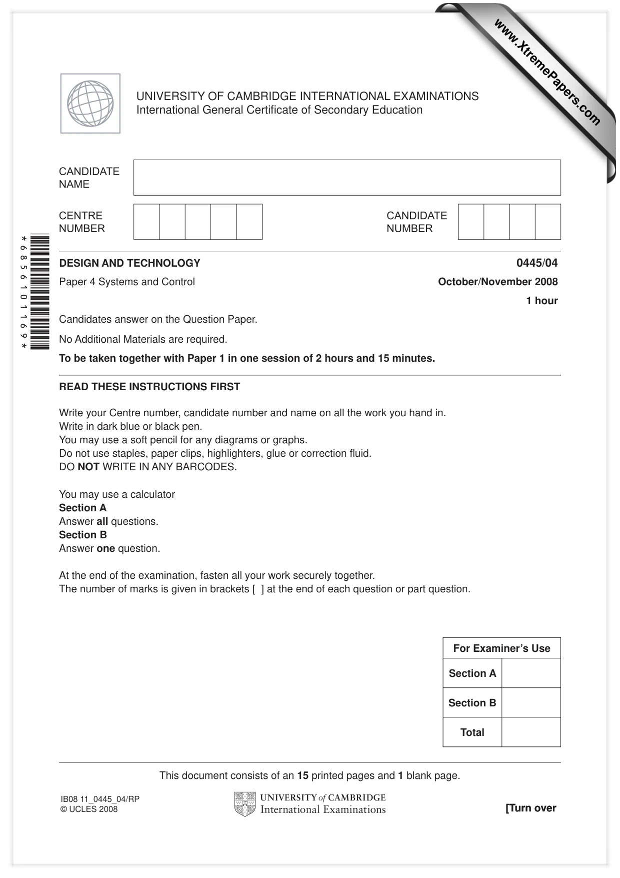 Cambridge IGCSE Design and Technology 0445 2008 Oct/Nov Paper 4 · Variant 1 question paper, page 1 of 16