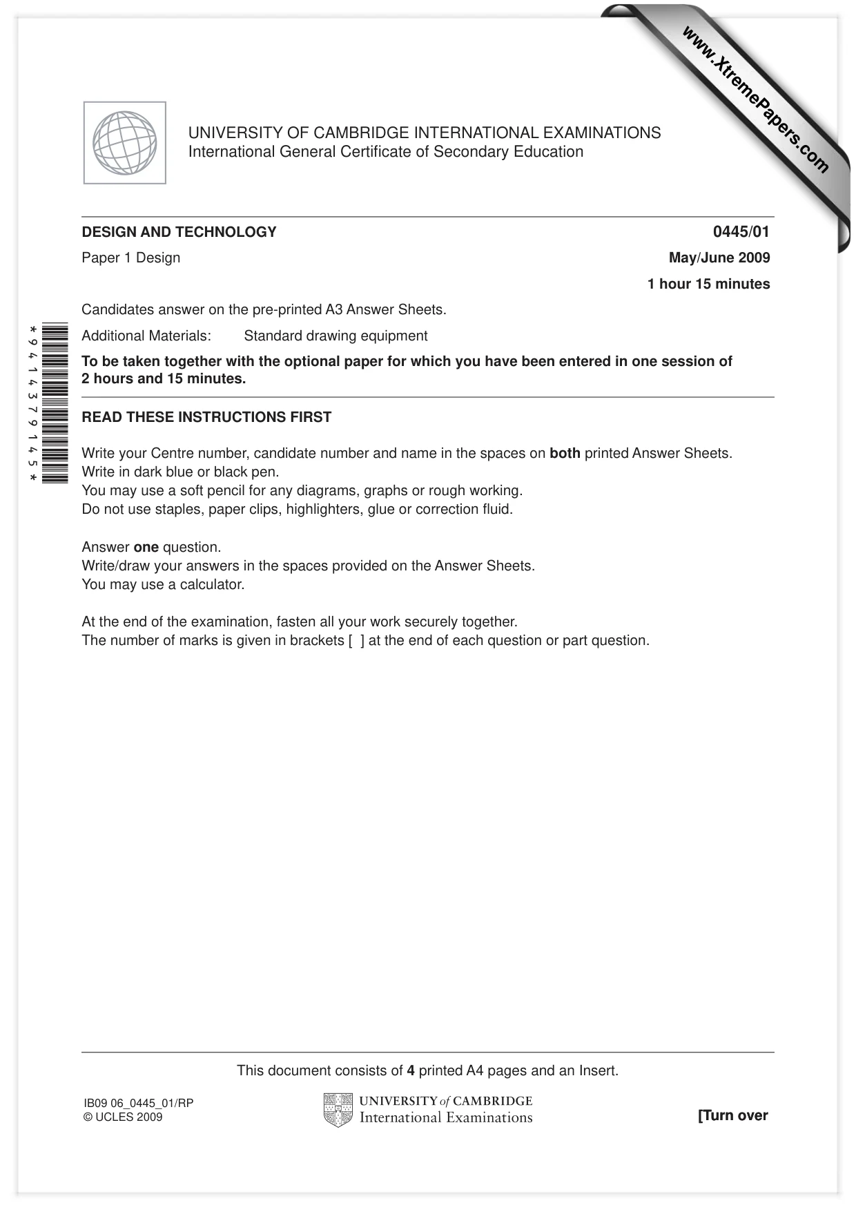 Cambridge IGCSE Design and Technology 0445 2009 May/June Paper 1 · Variant 1 question paper, page 1 of 4