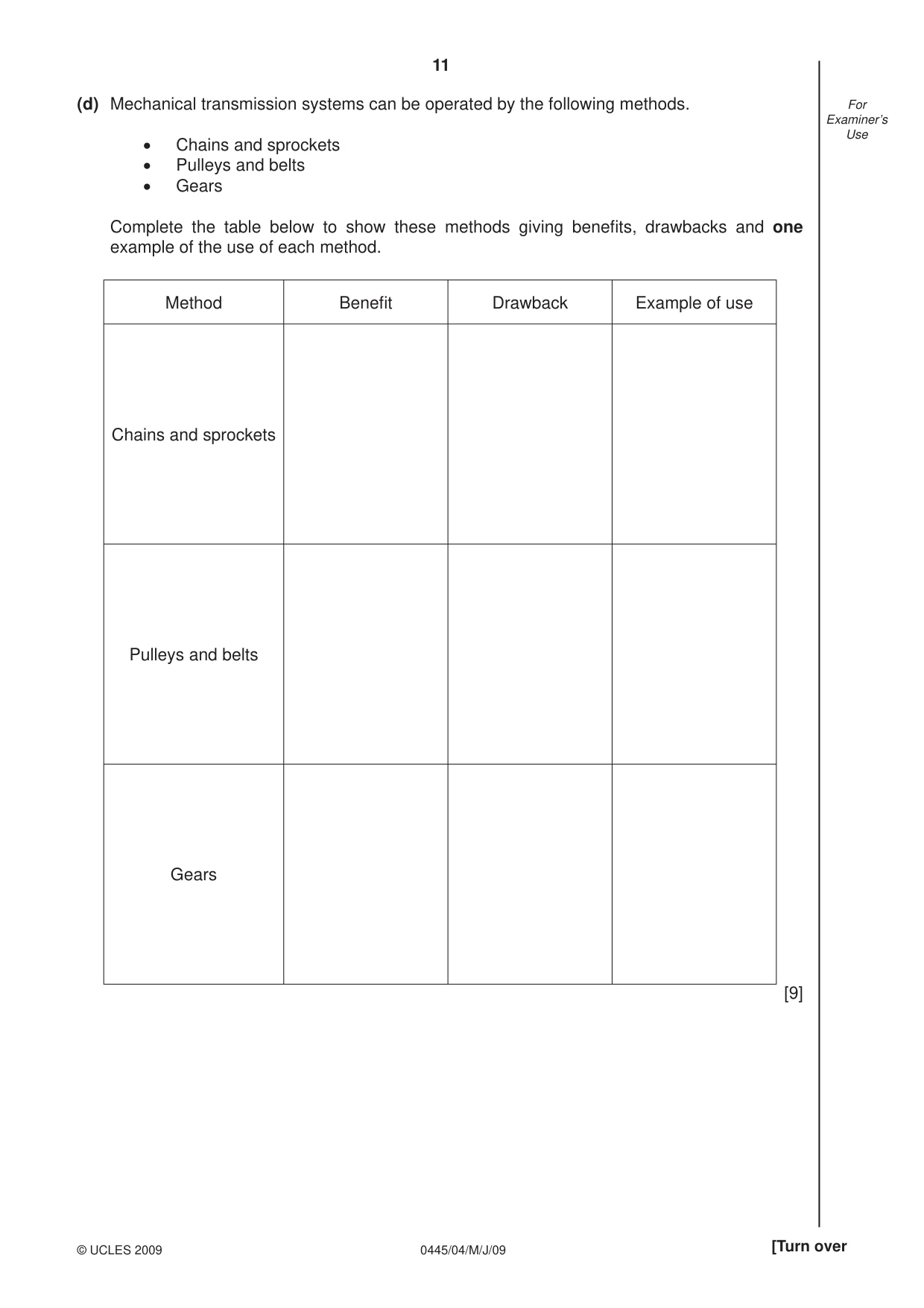 Cambridge IGCSE Design and Technology 0445 2009 May/June Paper 4 · Variant 1 question paper, page 11 of 16