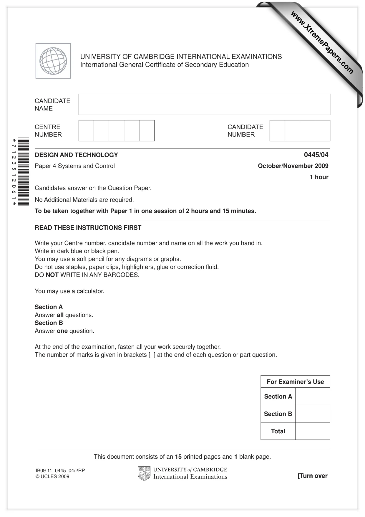 Cambridge IGCSE Design and Technology 0445 2009 Oct/Nov Paper 4 · Variant 1 question paper, page 1 of 16