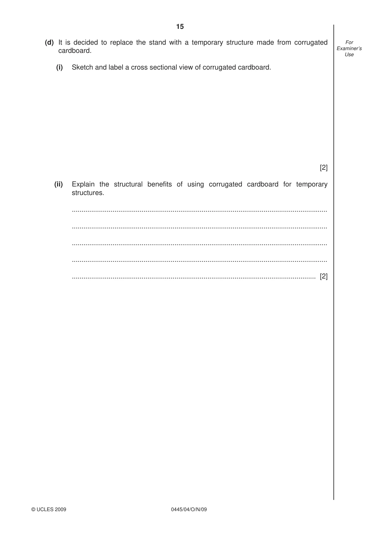 Cambridge IGCSE Design and Technology 0445 2009 Oct/Nov Paper 4 · Variant 1 question paper, page 15 of 16