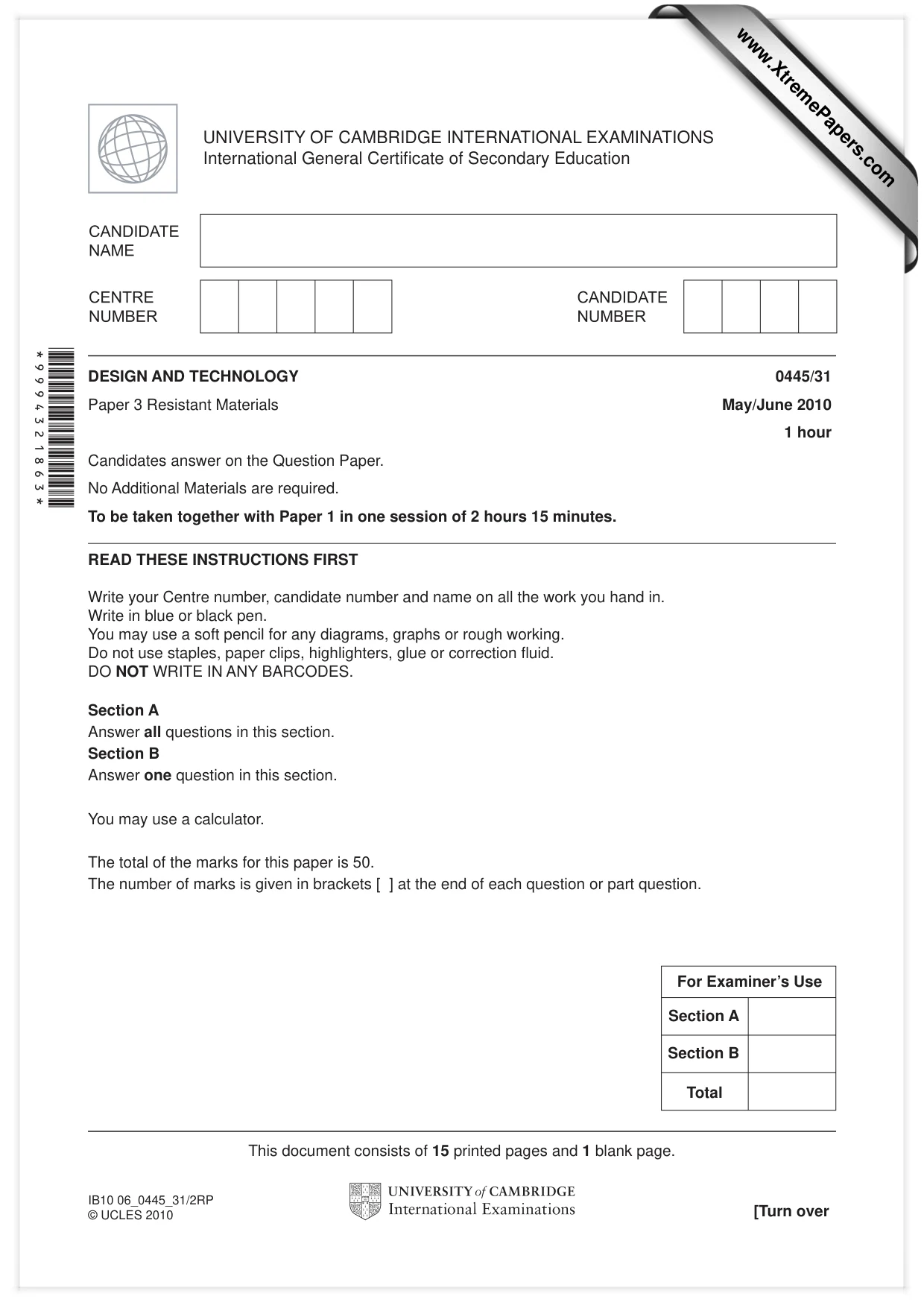 Cambridge IGCSE Design and Technology 0445 2010 May/June Paper 3 · Variant 1 question paper, page 1 of 16