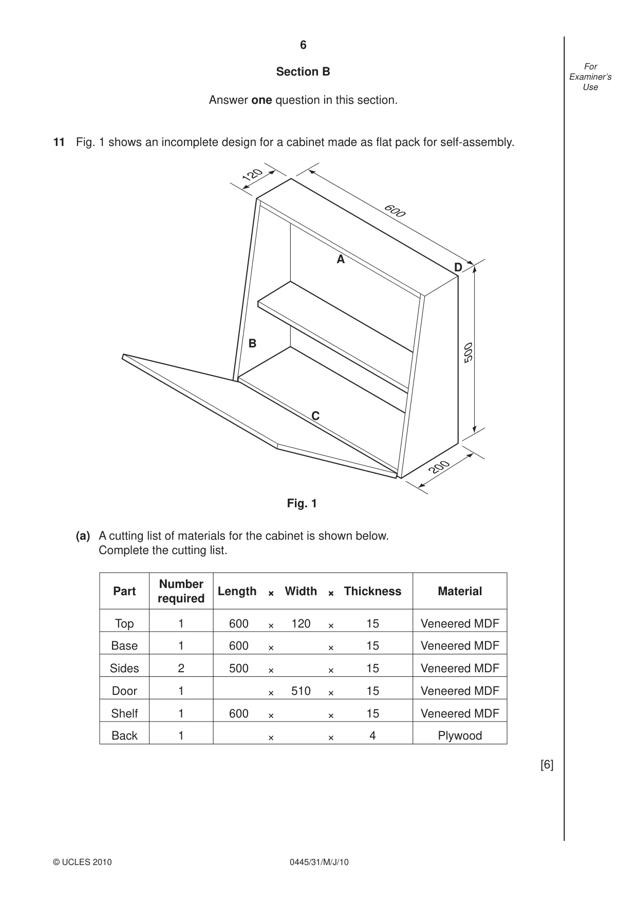 Cambridge IGCSE Design and Technology 0445 2010 May/June Paper 3 · Variant 1 question paper, page 6 of 16