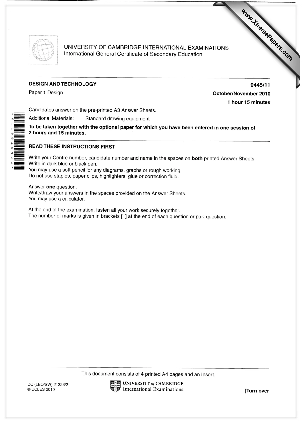Cambridge IGCSE Design and Technology 0445 2010 Oct/Nov Paper 1 · Variant 1 question paper, page 1 of 4