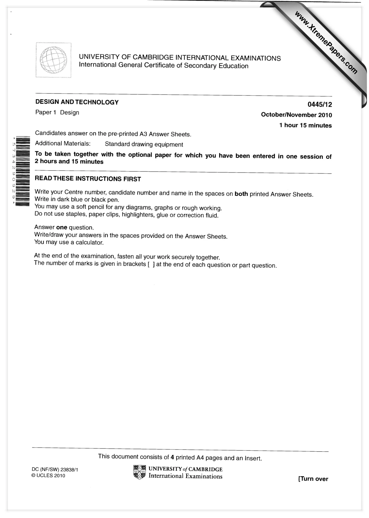 Cambridge IGCSE Design and Technology 0445 2010 Oct/Nov Paper 1 · Variant 2 question paper, page 1 of 4