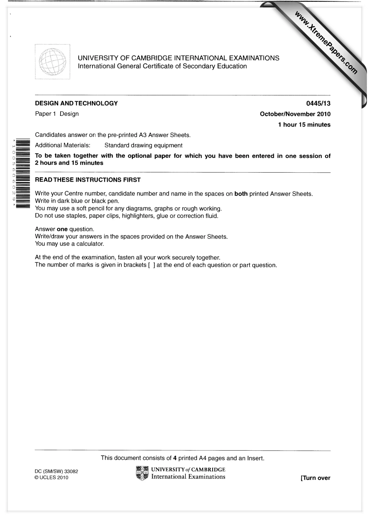 Cambridge IGCSE Design and Technology 0445 2010 Oct/Nov Paper 1 · Variant 3 question paper, page 1 of 4