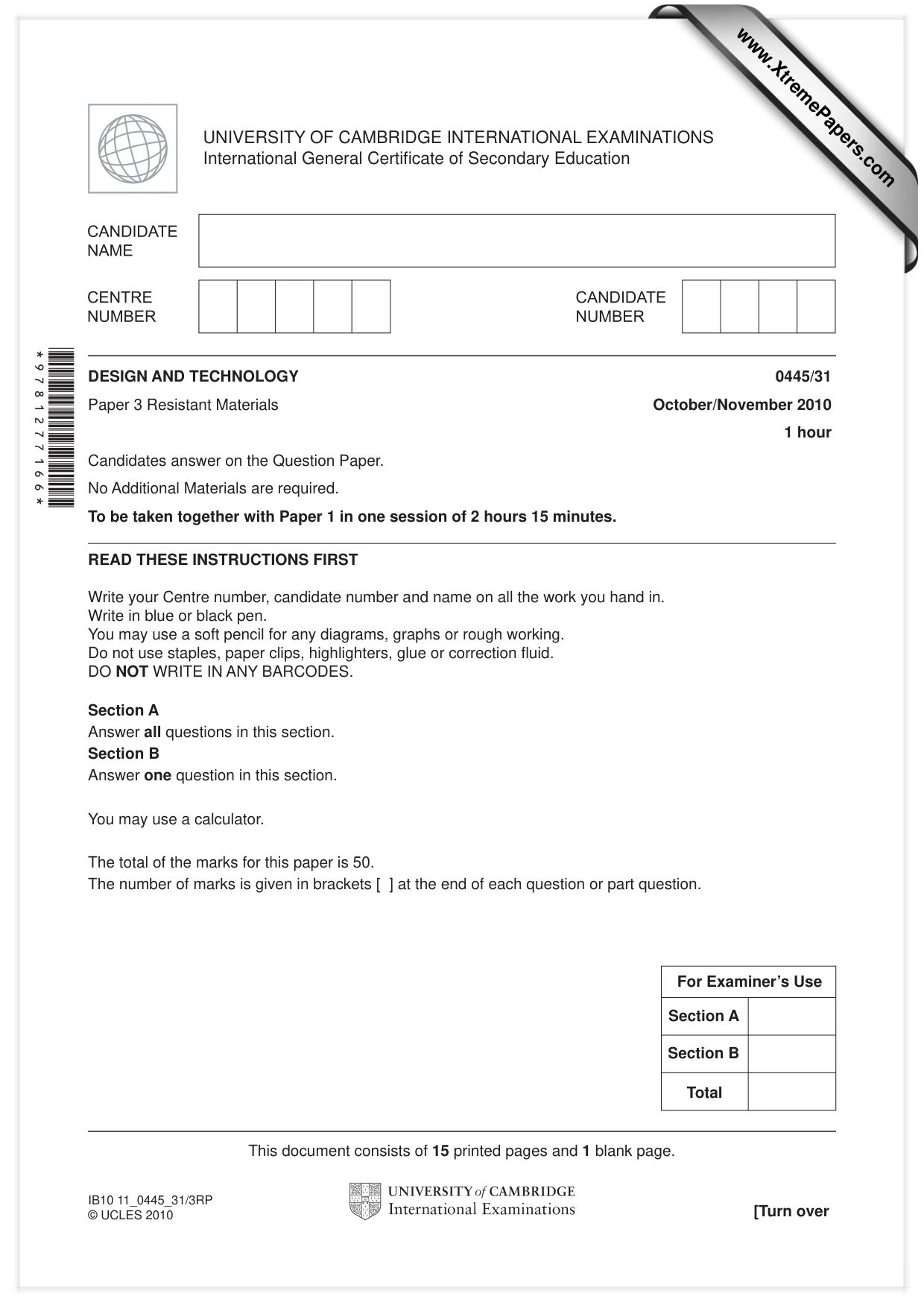 Cambridge IGCSE Design and Technology 0445 2010 Oct/Nov Paper 3 · Variant 1 question paper, page 1 of 16