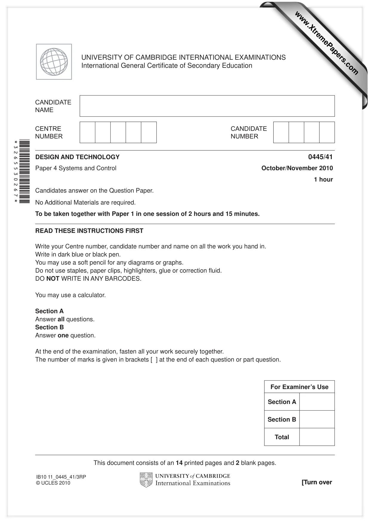 Cambridge IGCSE Design and Technology 0445 2010 Oct/Nov Paper 4 · Variant 1 question paper, page 1 of 16