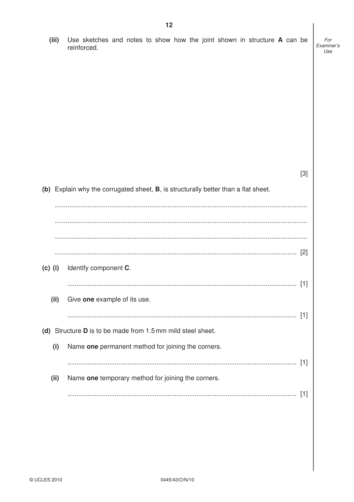 Cambridge IGCSE Design and Technology 0445 2010 Oct/Nov Paper 4 · Variant 3 question paper, page 12 of 16