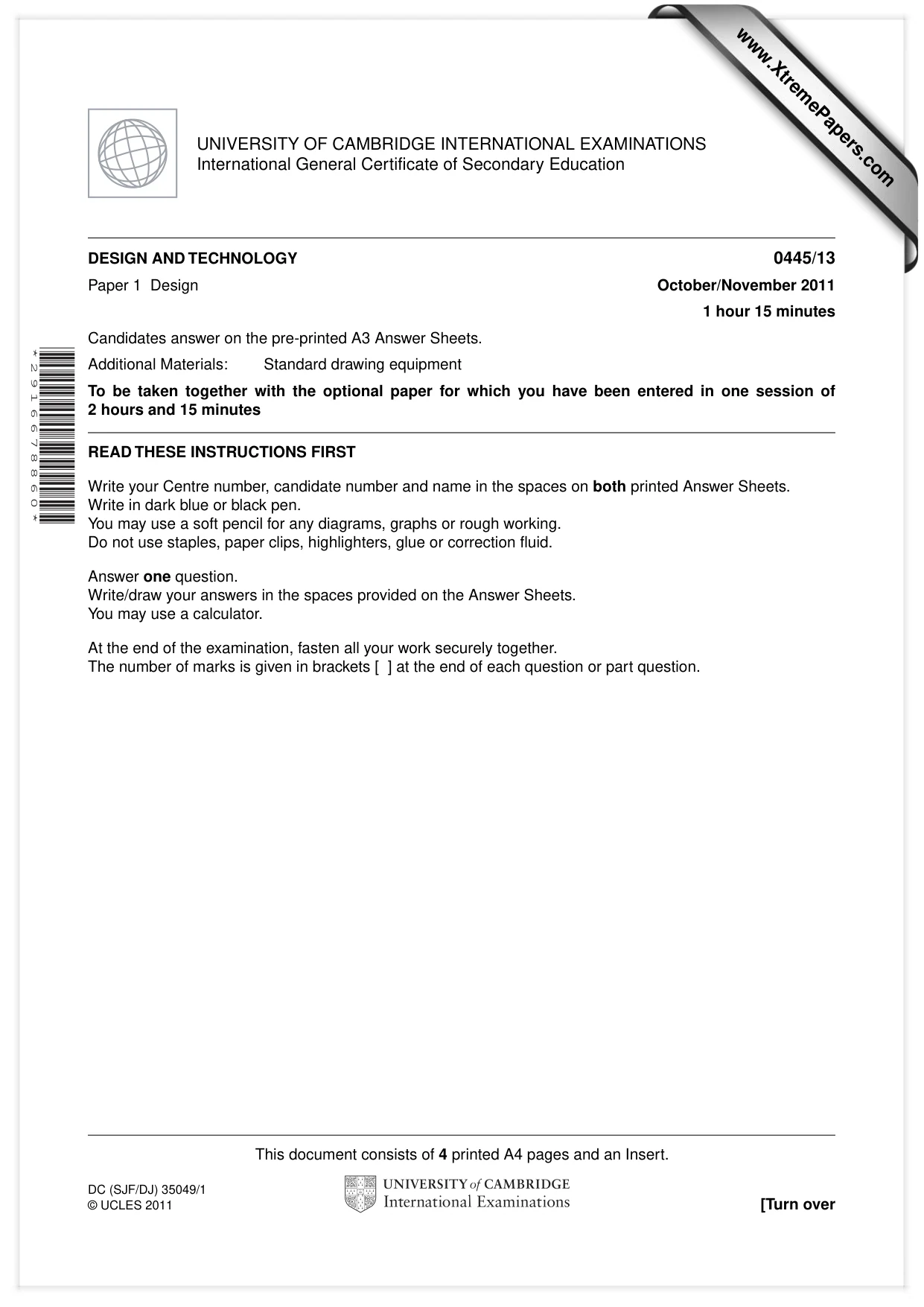 Cambridge IGCSE Design and Technology 0445 2011 Oct/Nov Paper 1 · Variant 3 question paper, page 1 of 4