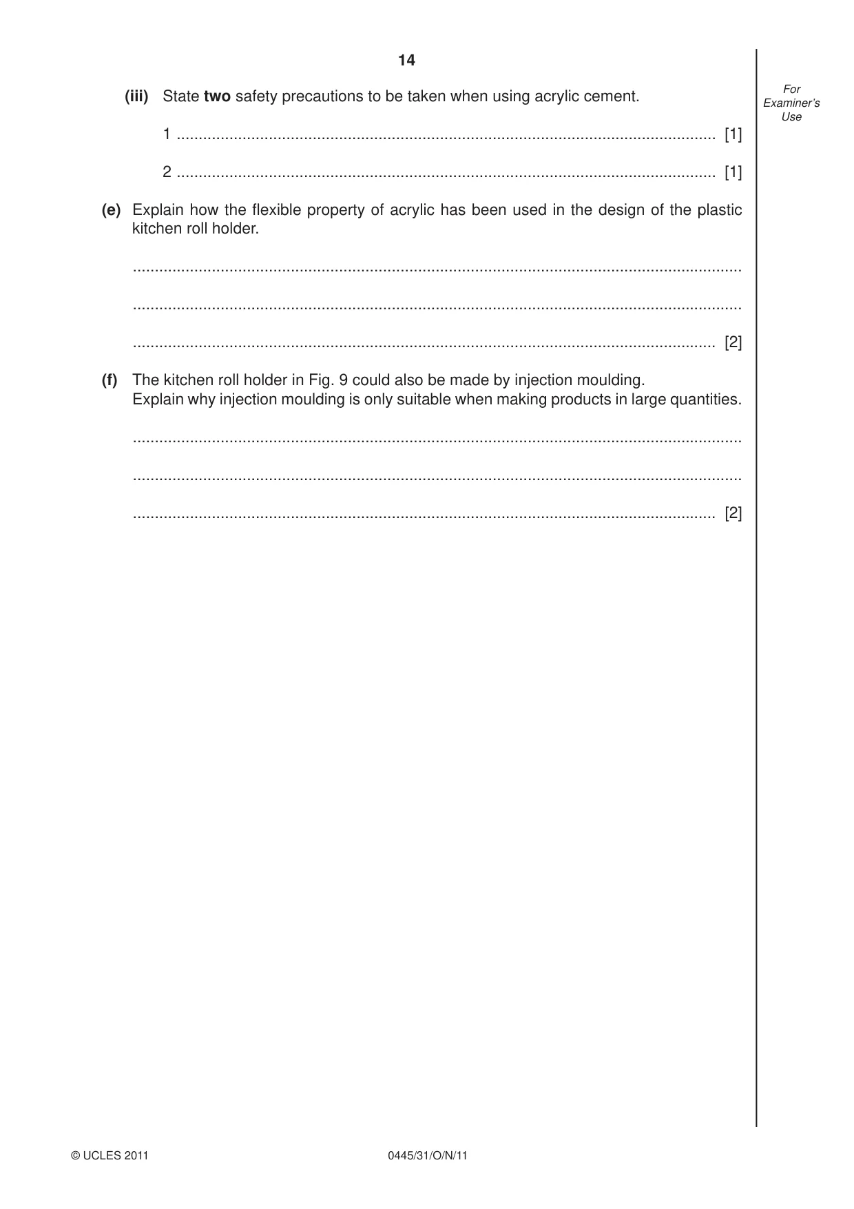 Cambridge IGCSE Design and Technology 0445 2011 Oct/Nov Paper 3 · Variant 1 question paper, page 14 of 16