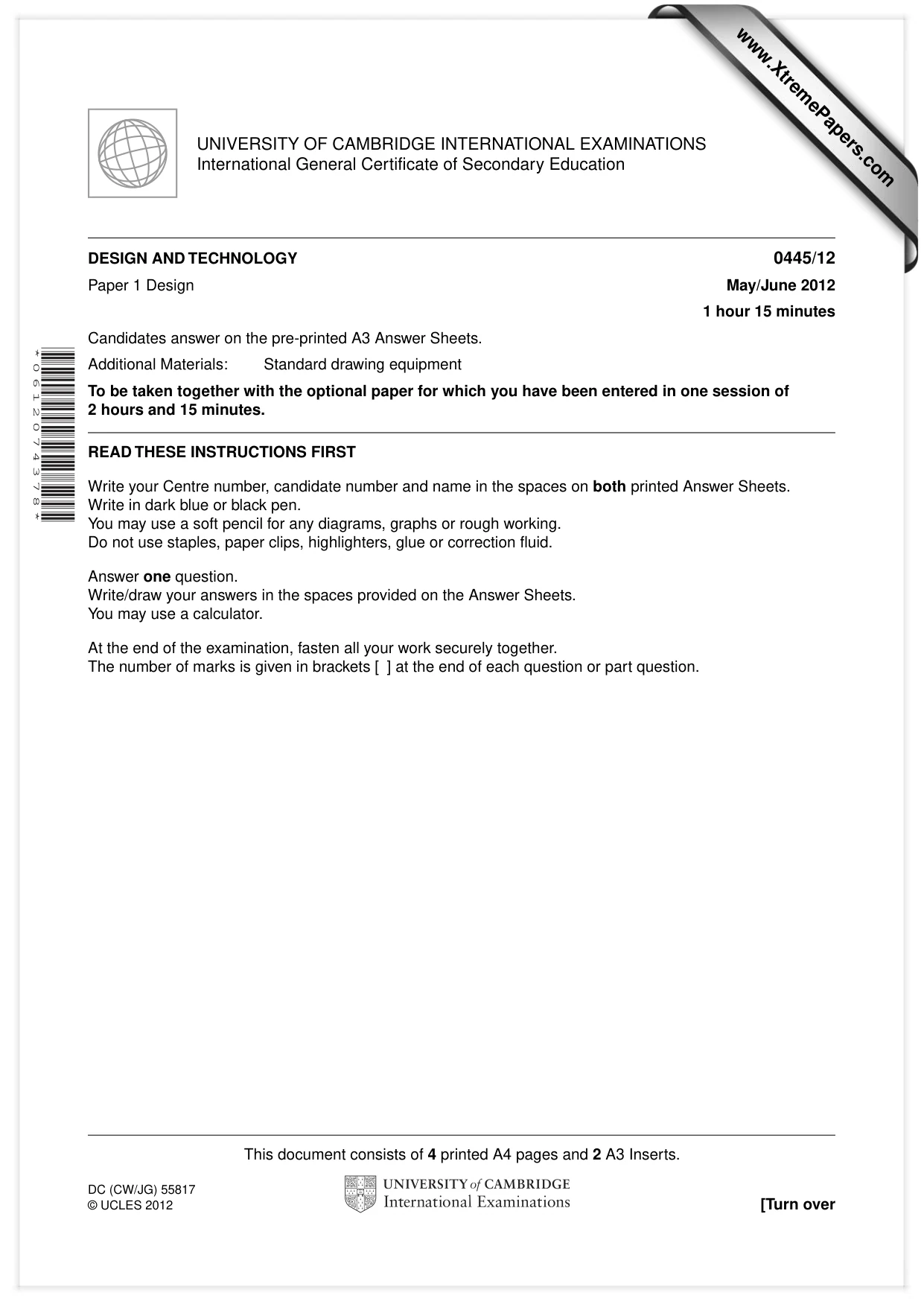 Cambridge IGCSE Design and Technology 0445 2012 May/June Paper 1 · Variant 2 question paper, page 1 of 4