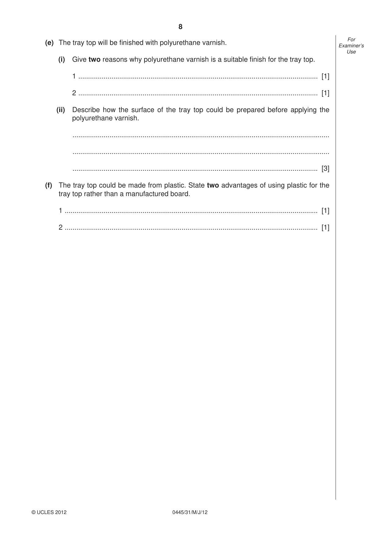 Cambridge IGCSE Design and Technology 0445 2012 May/June Paper 3 · Variant 1 question paper, page 8 of 16